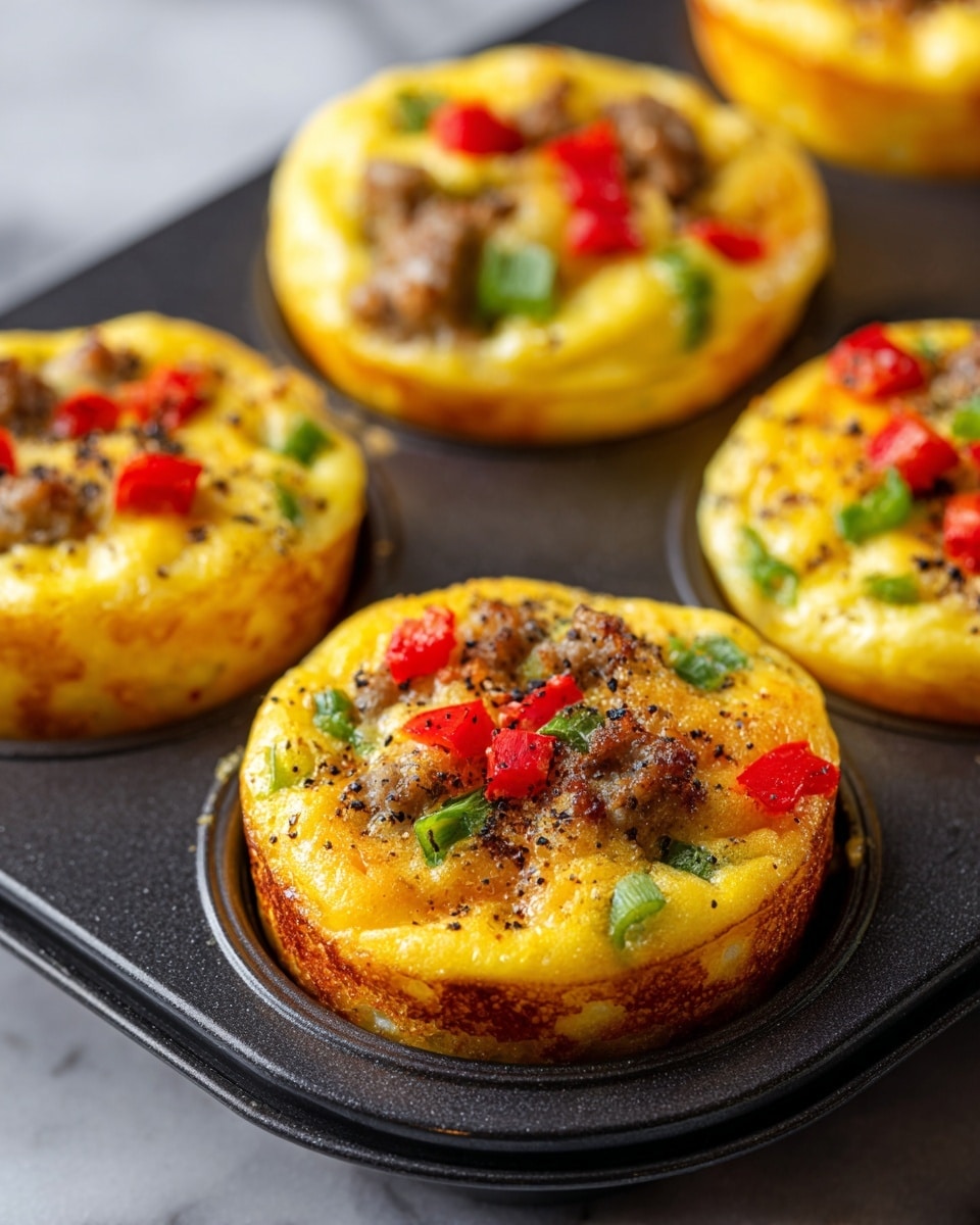 The image shows golden yellow mini egg muffins in a black muffin tray. Each muffin has a browned, slightly crispy edge with a soft, fluffy, and smooth yellow egg base. Mixed in the eggs are small pieces of green bell peppers and bits of sausage, adding texture and color. On top of each muffin, there are small red pepper pieces and more sausage bits, sprinkled with cracked black pepper for extra detail. The whole scene rests on a white marbled texture. photo taken with an iphone --ar 4:5 --v 7