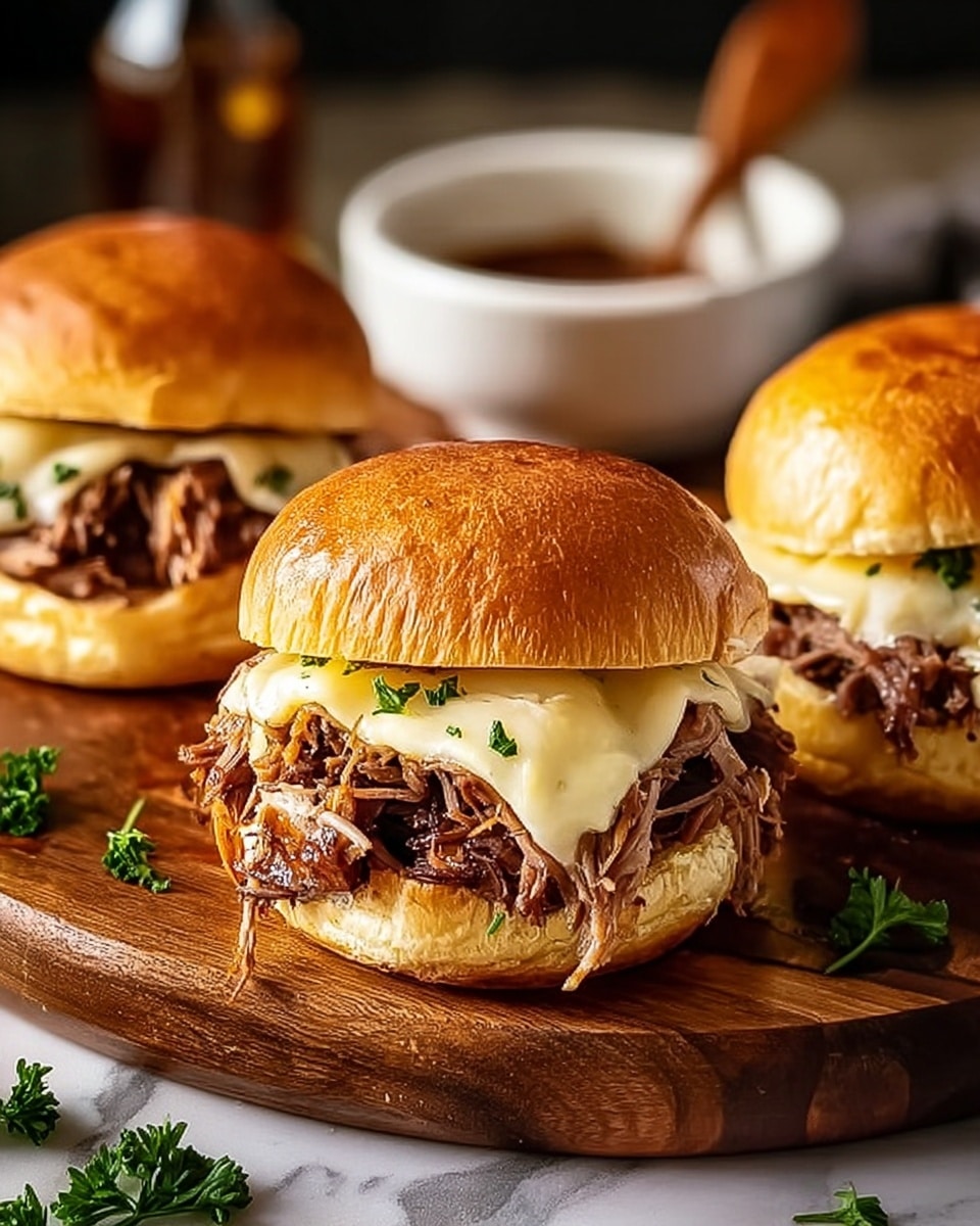 The image shows a close-up of a sandwich with three visible layers on a wooden board placed on a white marbled surface. The bottom layer is a soft, golden-brown toasted bun with melted white cheese oozing out slightly. Above this is a thick layer of shredded, tender brown meat piled high, giving a rich and juicy texture. The top layer is another golden-brown toasted bun, garnished with small green herb leaves, adding a fresh touch. In the background, there are other sandwiches and some crispy golden French fries, along with small white sauce bowls slightly blurred. Photo taken with an iphone --ar 4:5 --v 7