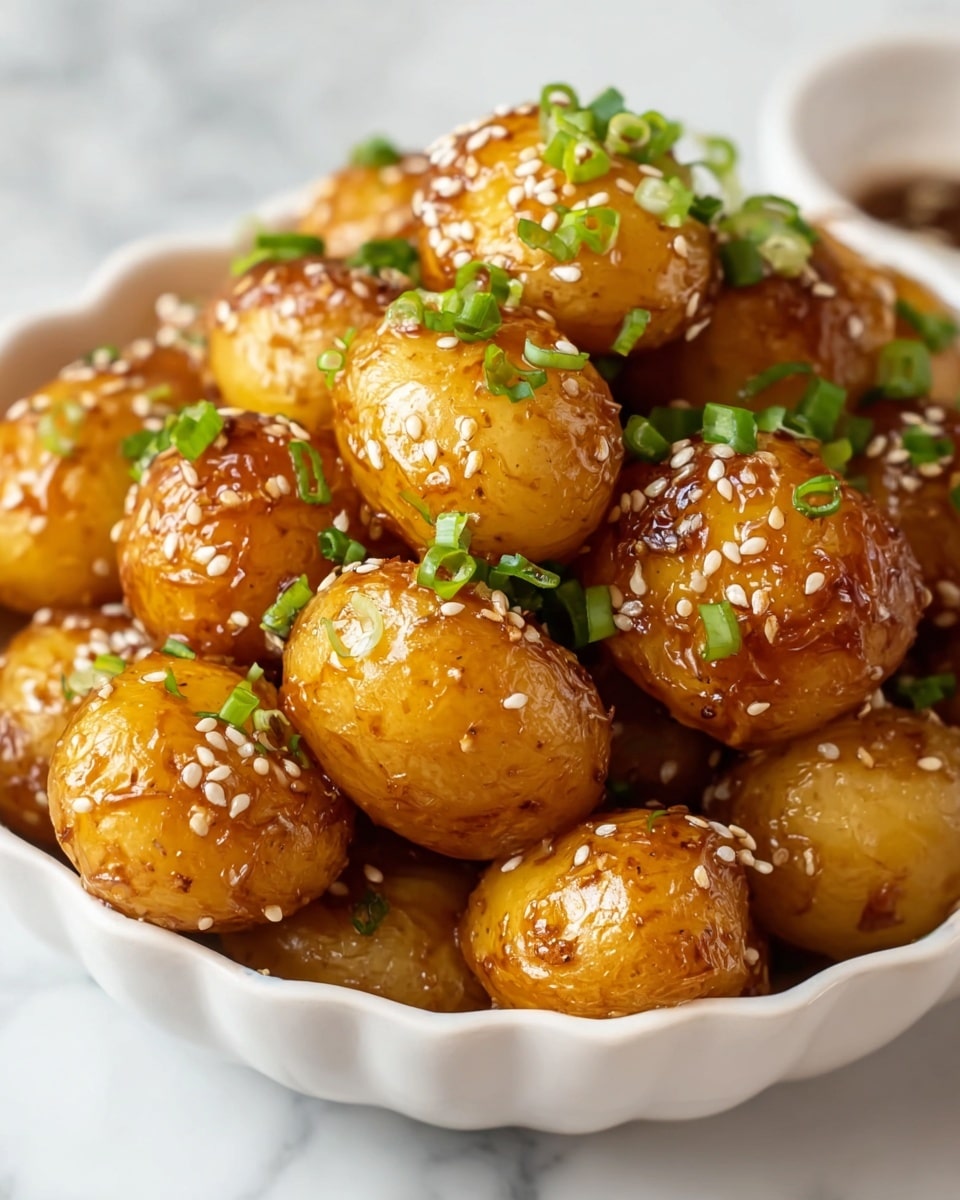 A white scalloped bowl filled with shiny, golden-brown roasted baby potatoes covered in a sticky glaze, each potato sprinkled with white sesame seeds and small, bright green chopped scallions on top. The potatoes have a slightly crispy outer texture with a smooth, glossy coating from the sauce. The bowl is set against a white marbled surface, adding a clean and fresh look to the image. The photo feels close-up and detailed, showing the texture of the potatoes and the freshness of the garnish. photo taken with an iphone --ar 4:5 --v 7