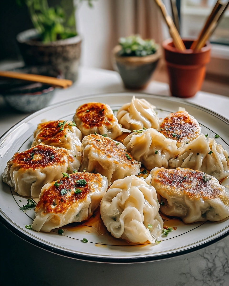 A white plate with a thin black rim holds a single layer of nine pan-fried dumplings arranged irregularly, each dumpling showing a white, soft dough texture with some folds and a golden-brown, crispy bottom. Small green herb flakes are sprinkled lightly over the dumplings, adding specks of color. The plate sits on a white marbled surface with a blurred background showing small potted plants and wooden chopsticks. The lighting is natural, highlighting the contrast between the fried golden parts and the soft white dough. Photo taken with an iphone --ar 4:5 --v 7