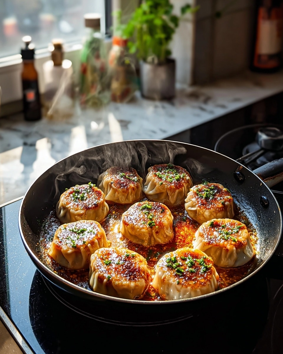 A black frying pan holds eight round dumplings, each showing a browned, crispy top layer with a sprinkle of green chopped herbs, surrounded by a light orange oily sauce pooling at the bottom. The dumplings have light beige, pleated dough sides that contrast with the rich, dark orange crust on top. Wisps of steam rise gently from the dumplings, highlighting their hot and fresh state. The pan rests on a black stovetop with a white marbled countertop background, and blurred elements of green herbs and kitchen bottles sit in the background near a sunny window. photo taken with an iphone --ar 4:5 --v 7