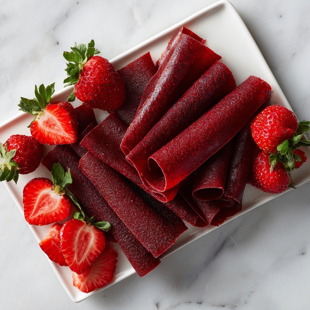 Six rolled fruit leather pieces stacked in a small pyramid on a white marbled surface, each roll showing a deep reddish-brown color with a slightly grainy texture. Surrounding the fruit leather are whole and halved fresh strawberries with bright red color and green tops, adding vibrant pops of color that contrast with the smooth texture of the fruit leather. The arrangement is simple and clean, highlighting the rich red tones of the rolls and strawberries against the white background. photo taken with an iphone --ar 4:5 --v 7