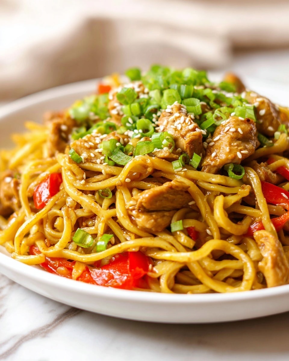 A white plate holds a serving of stir-fried noodles with three main layers. The bottom layer is a tangle of yellow noodles coated lightly in sauce, mixed with thin slices of cooked light brown chicken. The middle layer shows bright red bell pepper pieces and orange carrot strips scattered throughout. The top layer is garnished with chopped green onions and white sesame seeds, adding bright green and white spots against the warm colors of the dish. The plate sits on a wooden table with a white cloth that has red stripes, and a pair of light brown chopsticks rests on the edge of the plate. Fresh green onions lie in the background. Photo taken with an iphone --ar 4:5 --v 7