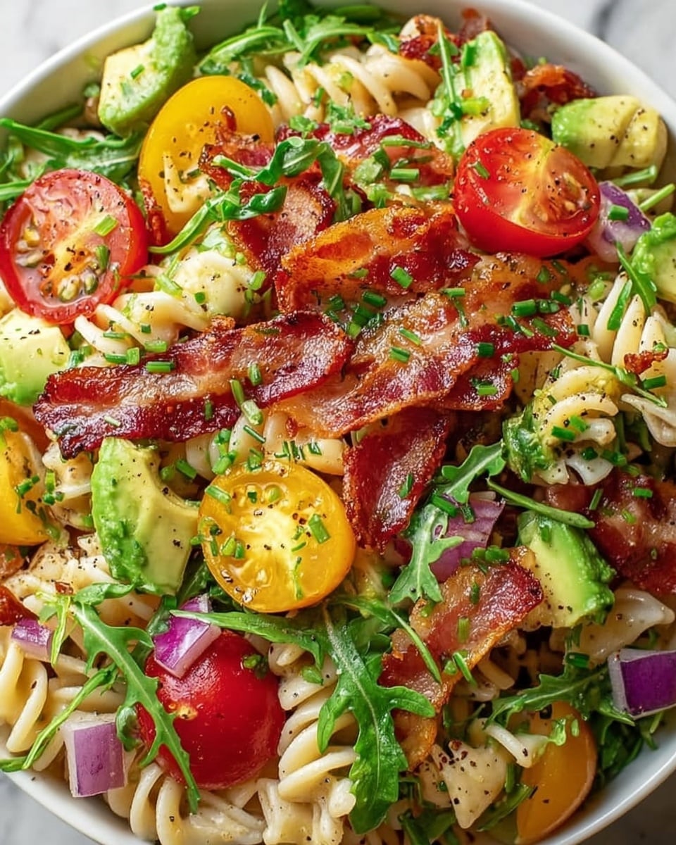 The dish is a colorful pasta salad served in a white bowl, set on a white marbled surface. It has a base of curly pasta with a creamy light color, mixed with several layers of toppings. Bright green avocado chunks are scattered across the top, alongside red and yellow cherry tomato halves that add a juicy texture. Crispy bacon strips with a rich brown and slightly charred look are layered throughout, contrasted by fresh green arugula leaves spread evenly on the surface. Small pieces of diced purple onion add a pop of color. The entire dish is sprinkled with finely chopped green herbs and black pepper, making it look fresh and vibrant. photo taken with an iphone --ar 4:5 --v 7