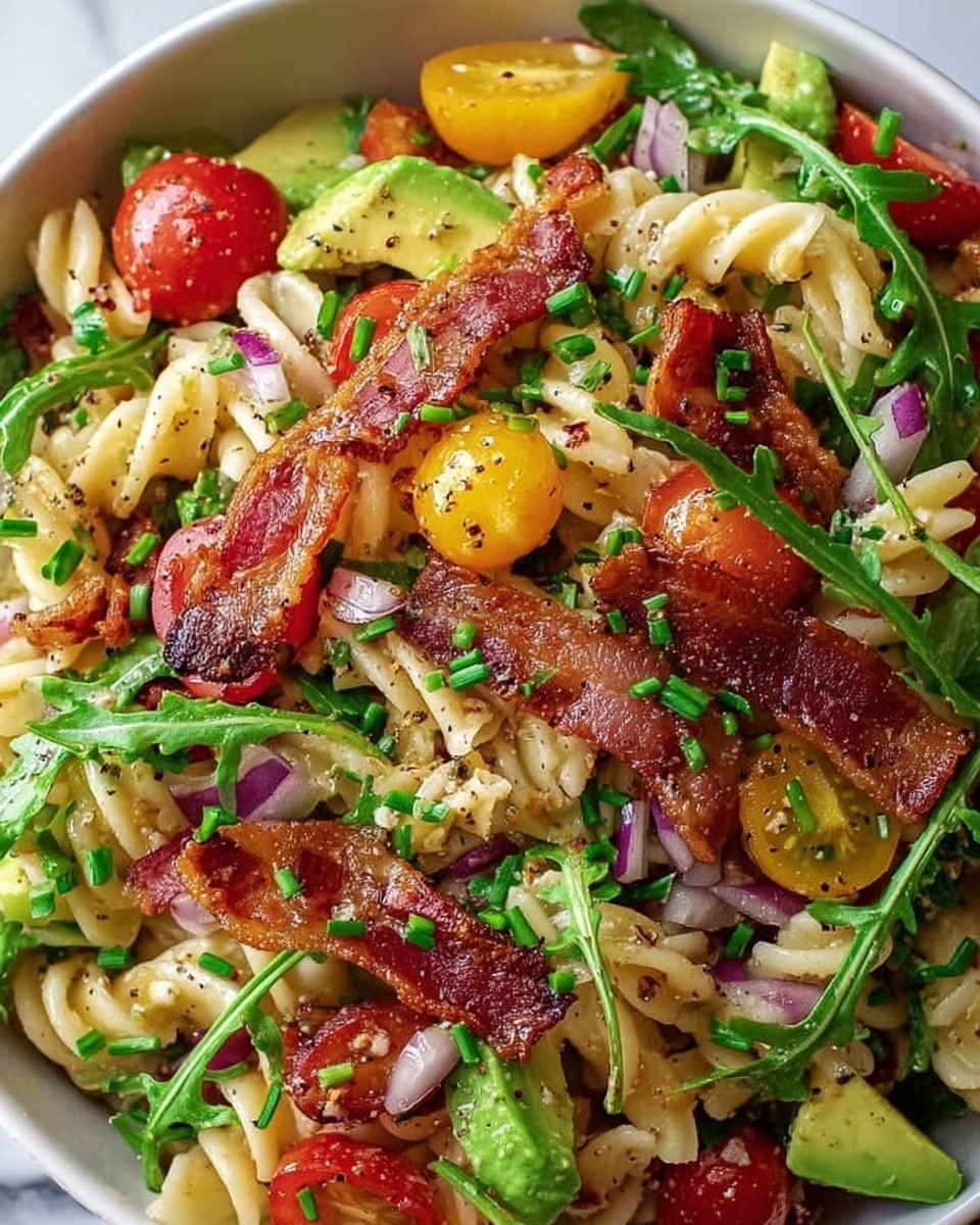 The dish shows a close-up of a pasta salad served in a white bowl on a white marbled surface. It has a base layer of light beige twisted pasta mixed with pieces of bright green avocado. Scattered around are slices of red and yellow cherry tomatoes, some cut in half, adding vibrant color. Crispy browned bacon strips lay on top, contrasting with fresh green arugula leaves spread throughout. Small bits of chopped red onion add a splash of purple, while finely chopped chives are sprinkled over everything. The salad is lightly seasoned with cracked black pepper. The textures vary from soft pasta and avocado to crunchy bacon and fresh greens, making the dish look fresh and colorful. Photo taken with an iphone --ar 4:5 --v 7