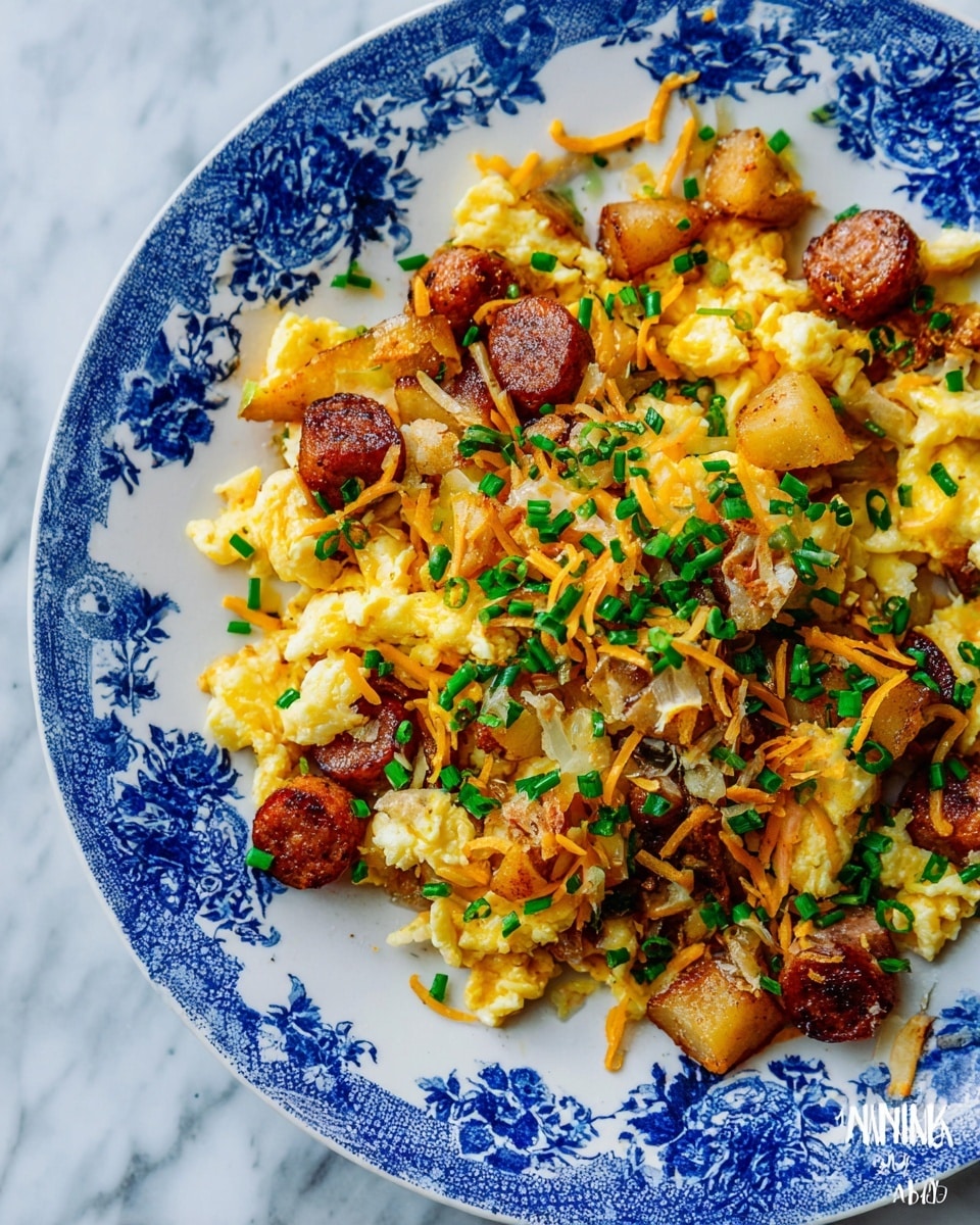 The dish is shown in a white plate with a blue floral edge pattern, filled with a mix of golden scrambled eggs with a soft texture, scattered pieces of browned sausage with a shiny, crispy exterior, and small chunks of golden-brown cooked potatoes. There are thin strands of orange and white shredded cheese spread on top, along with bright green chopped chives sprinkled over the whole dish. The overall look is colorful and textured with a mix of yellow, brown, white, orange, and green against the detailed blue and white plate, all placed on a white marbled surface. photo taken with an iphone --ar 4:5 --v 7