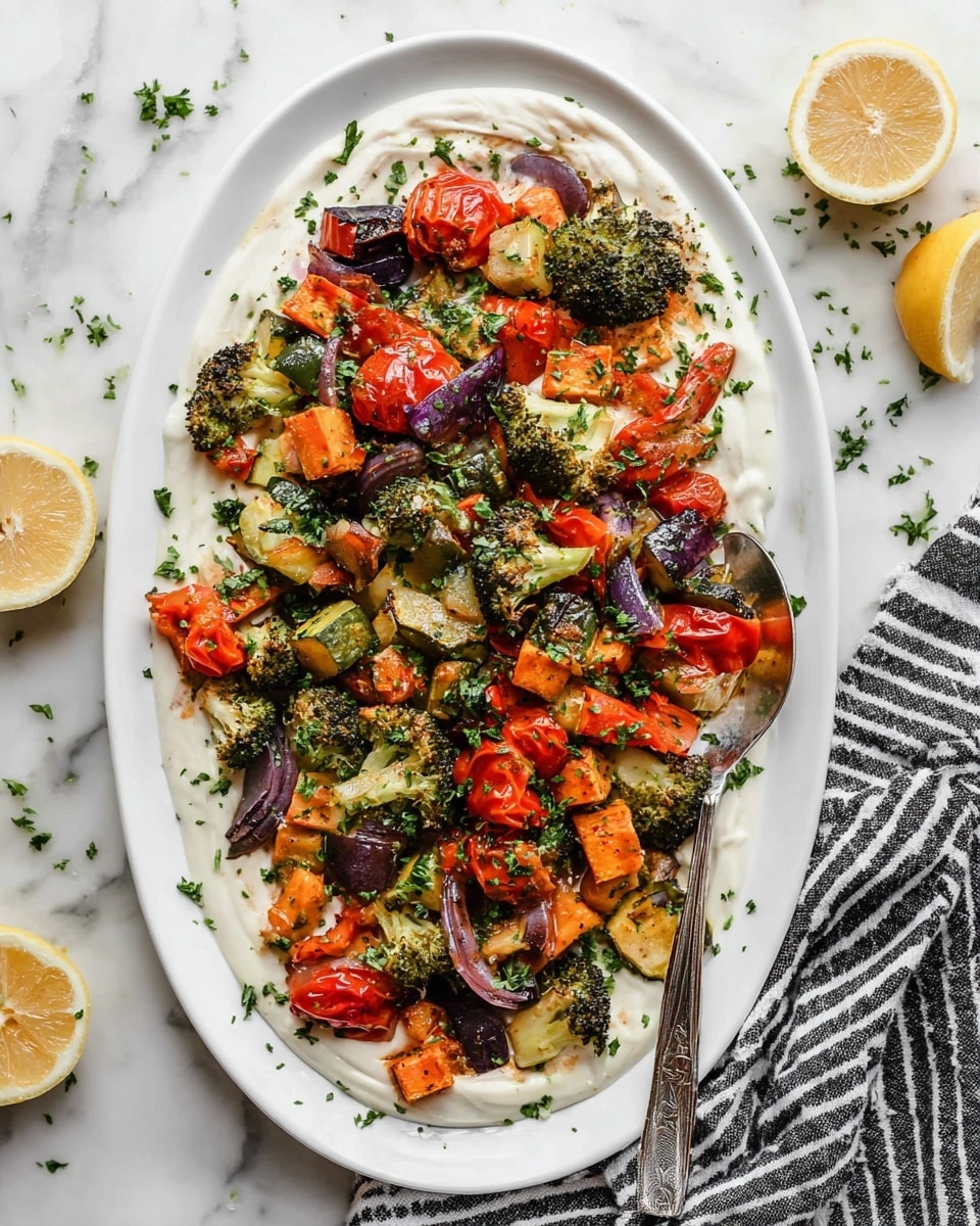 The dish is served on a large white oval plate with three clear layers. The bottom layer is a smooth, creamy white sauce spread evenly across the plate. On top of this is a vibrant mix of roasted vegetables, including bright red cherry tomatoes and bell peppers, green broccoli florets, chunks of orange sweet potatoes, light green zucchini, and purple-red onions, all slightly charred and mixed together. The vegetables are scattered in a loose pile, sprinkled with finely chopped parsley, giving a fresh green touch. A silver spoon rests on the right side of the plate, partially immersed in the sauce. The background is a white marbled surface with a black and white striped cloth on the upper right side and halved lemons on the bottom left corner. Photo taken with an iphone --ar 4:5 --v 7