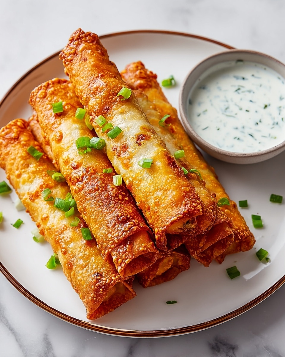 The image shows five golden-brown, crispy rolled tacos stacked neatly on a white plate with a thin brown rim. Each taco has a lightly bubbly and uneven surface texture, indicating they are fried to a perfect crunch. Small green pieces of chopped scallion are sprinkled over the tacos, adding a pop of color. To the right side of the plate, there is a small, round bowl filled with a creamy white dipping sauce flecked with herbs. The plate sits on a white marbled surface, adding an elegant and clean background. photo taken with an iphone --ar 4:5 --v 7