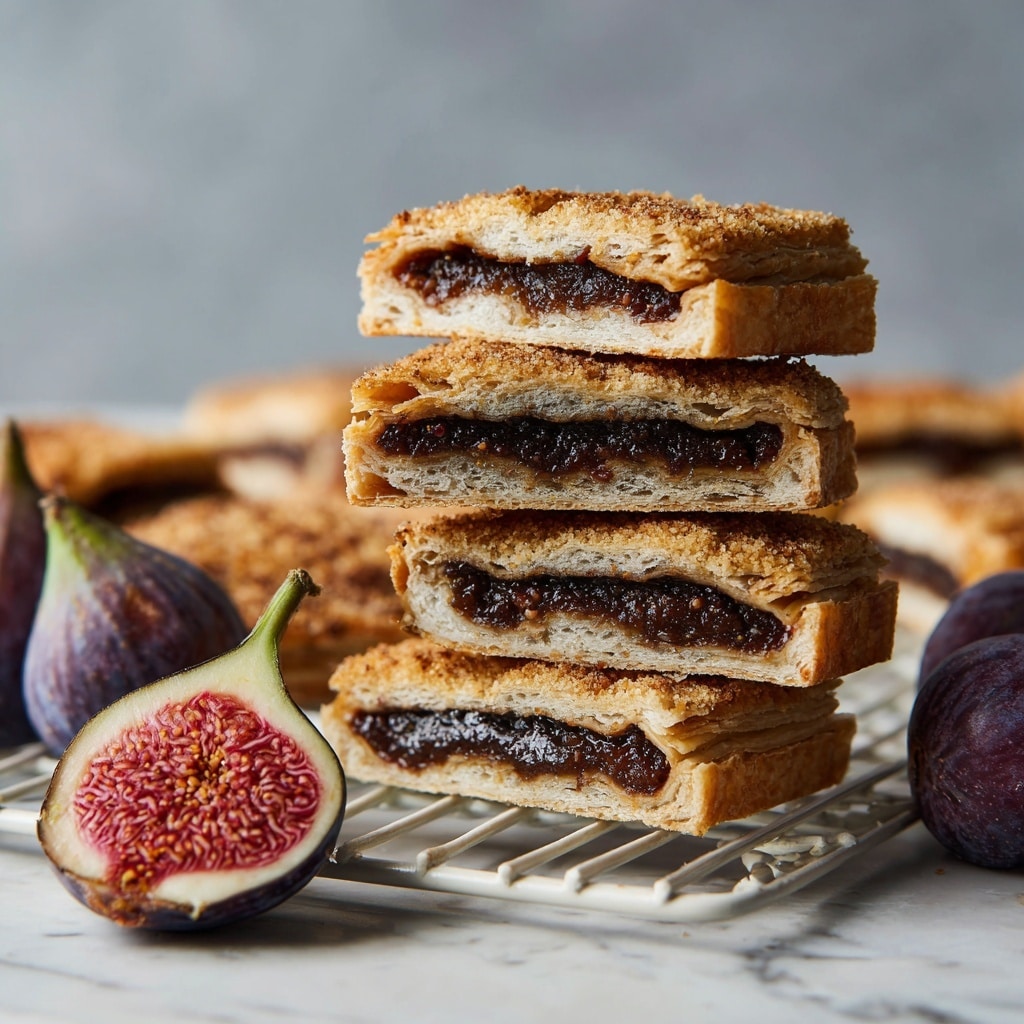 A pile of rectangular fig bars stacked on a round metal cooling rack, each bar having two visible layers: a light brown, soft cookie-like outer layer with a slightly grainy texture, and a dark brown, dense fig filling inside that shows some fig seeds. In the foreground, a halved fresh fig with pink flesh and a light greenish-red rind lies on the white marbled surface. In the background, there is a white basket filled with whole and halved fresh figs, and large green leaves from a plant blurred out softly behind. Photo taken with an iphone --ar 4:5 --v 7