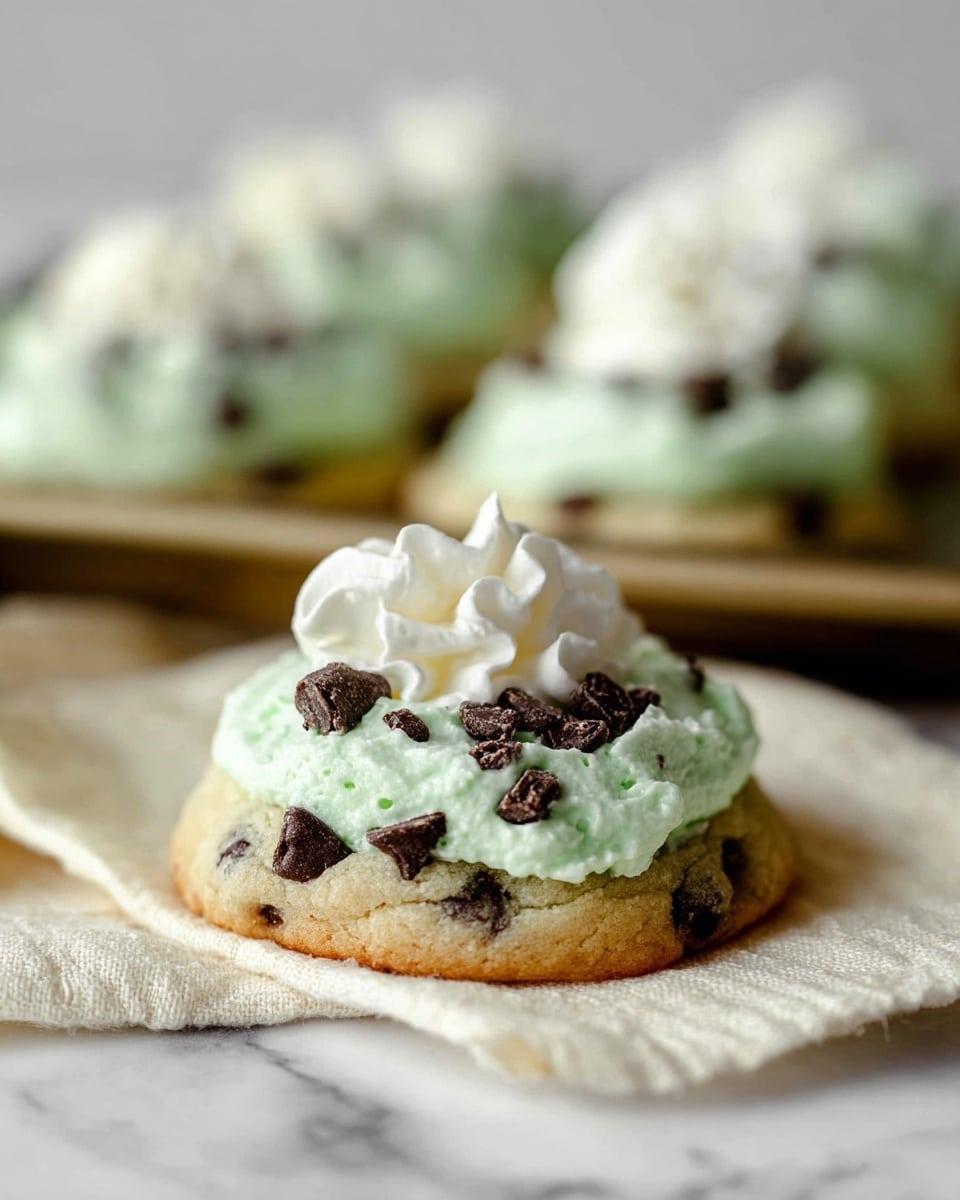 The image shows several round cookies arranged close together on a white marbled surface. Each cookie has two layers: the base is a golden-brown cookie, and the top layer is a thick, light green frosting with small dark chocolate bits mixed throughout. On top of the green frosting, there is a small, decorative swirl of smooth, white cream in the center of each cookie. The texture of the frosting looks soft and slightly rough, while the white cream swirl is smooth and neatly piped. Photo taken with an iphone --ar 4:5 --v 7