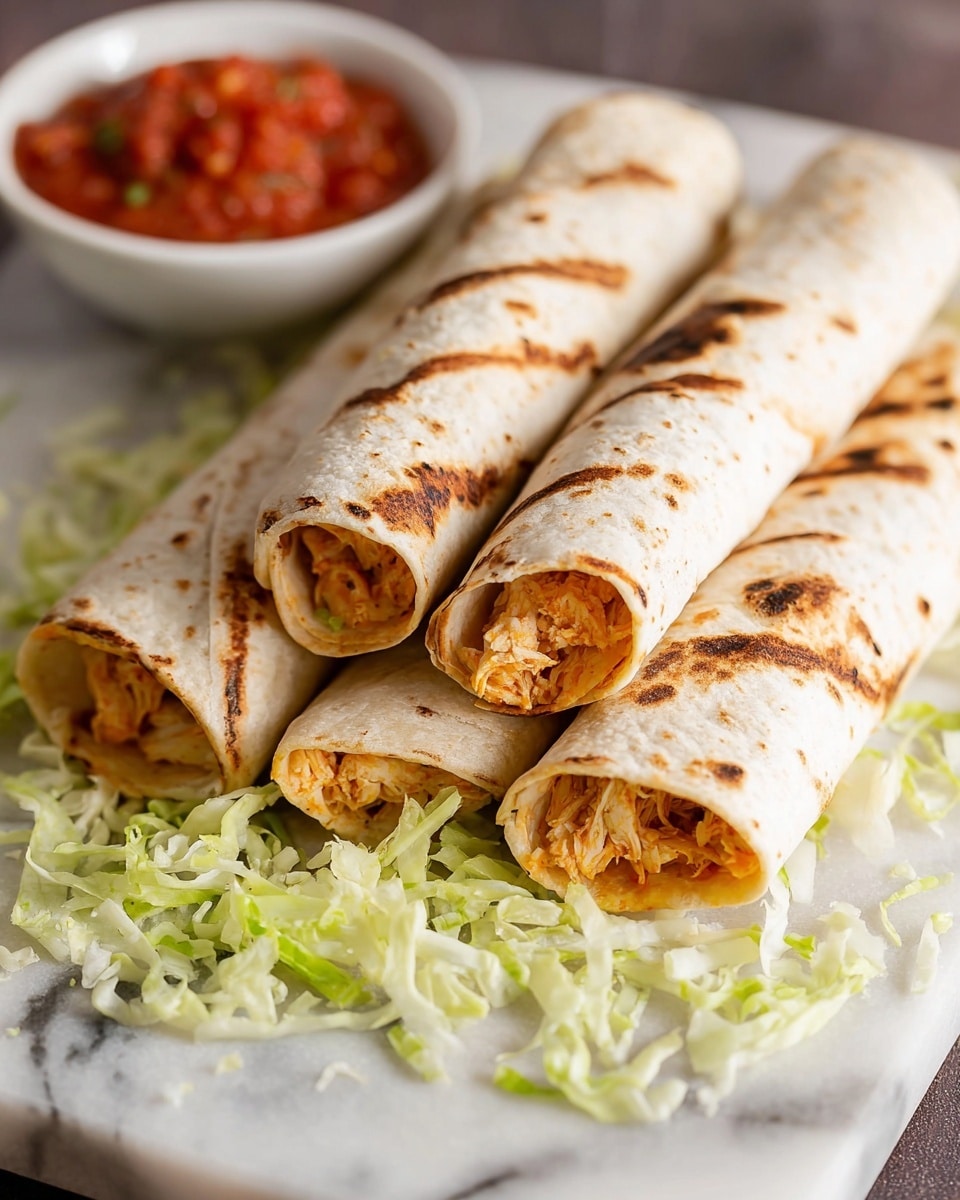Four rolled tortillas with light brown grill marks are stacked on a white marbled surface, resting on a bed of shredded pale green lettuce. Inside the tortillas, orange-colored shredded chicken filling with visible herbs is slightly exposed at the open ends. In the background, a small white bowl filled with chunky red salsa adds color contrast. The overall texture of the tortillas appears soft with some toasted spots. Photo taken with an iphone --ar 4:5 --v 7