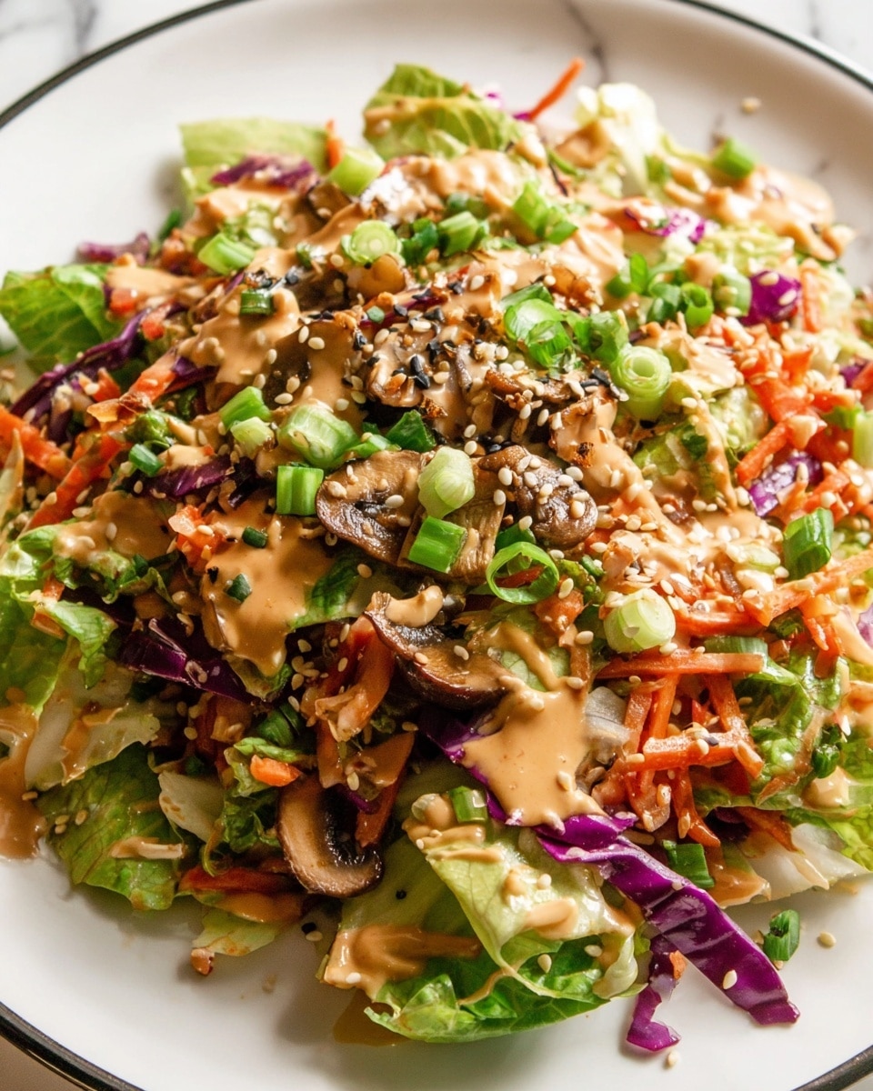 The image shows a colorful salad on a white plate with a thin black rim, sitting on a white marbled surface. The salad has multiple layers mixed together: a base of green lettuce leaves and purple cabbage strips, followed by shredded orange carrots and pieces of white cabbage. There are small brown grilled mushroom pieces scattered on top, along with chopped green onions. A creamy tan-colored dressing is drizzled over the salad and sprinkled with sesame seeds. The vegetables are finely chopped and mixed evenly, creating a fresh and vibrant look. Photo taken with an iphone --ar 4:5 --v 7