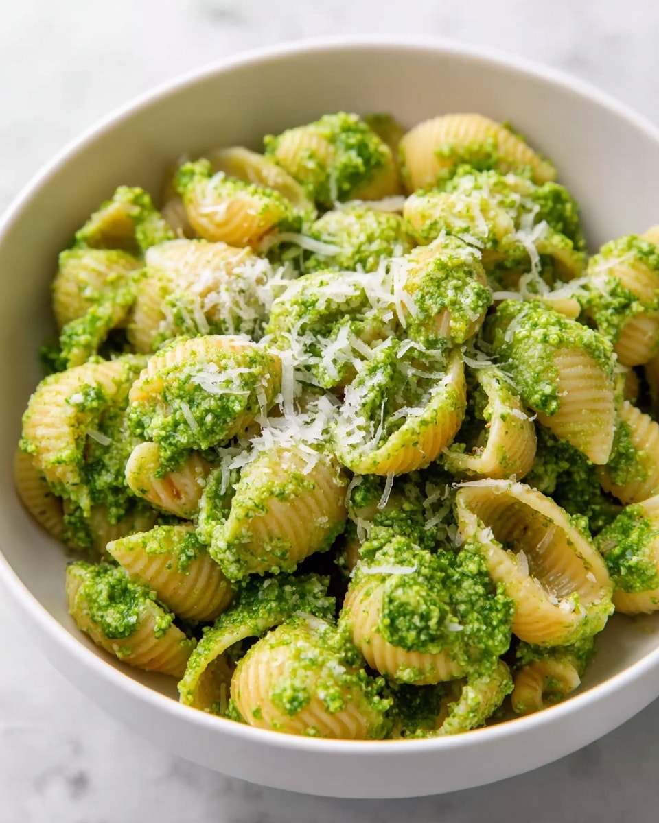 A white bowl filled with small, shell-shaped pasta, each piece coated with a bright green pesto sauce made of finely ground herbs and nuts. The pasta shells are creamy yellow and have a slightly ridged texture. The green pesto clings smoothly to the pasta, filling some shells partially with a thick, textured layer. On top, there is a light sprinkle of finely grated white cheese, adding a delicate texture contrast. The bowl is placed on a white marbled surface. photo taken with an iphone --ar 4:5 --v 7