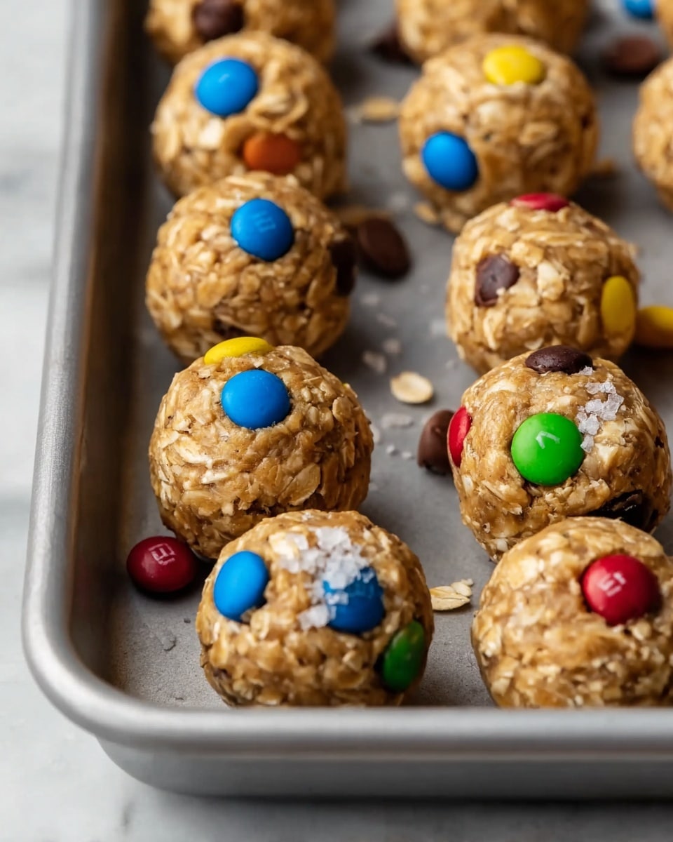 This image shows a tray of round energy bites made of oats and mixed ingredients. Each bite is textured with visible oat flakes embedded in a light brown dough. Small colorful candy-coated chocolates in blue, red, yellow, green, and brown chocolate chips are scattered on the surface, some partially melted in. A few white coarse salt crystals are sprinkled on the top of some pieces. The bites are arranged close together in a gray metal tray, which sits on a white marbled surface. Photo taken with an iphone --ar 4:5 --v 7