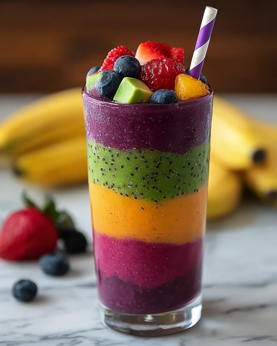 A tall clear glass filled with five colorful smoothie layers, from bottom to top: dark purple, light purple with small seeds, vibrant green with tiny black specks, bright orange, and thick purple. On top, there is a mix of fresh fruits including blue blueberries, red raspberries, sliced red strawberries, green avocado pieces, and small orange chunks. A purple and white striped paper straw is placed inside the glass. The background features a white marbled texture with blurred bananas and some scattered berries around the glass. photo taken with an iphone --ar 4:5 --v 7
