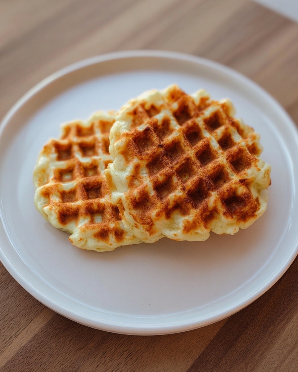 Two light golden waffles with a slightly crispy texture and small browned spots are stacked slightly overlapping on a white round plate. The waffles have a classic grid pattern with square wells, and their edges are uneven and soft looking. The plate is on a wooden surface, but the overall scene shows a simple and clean look focused on the warm tones of the waffles. Photo taken with an iphone --ar 4:5 --v 7