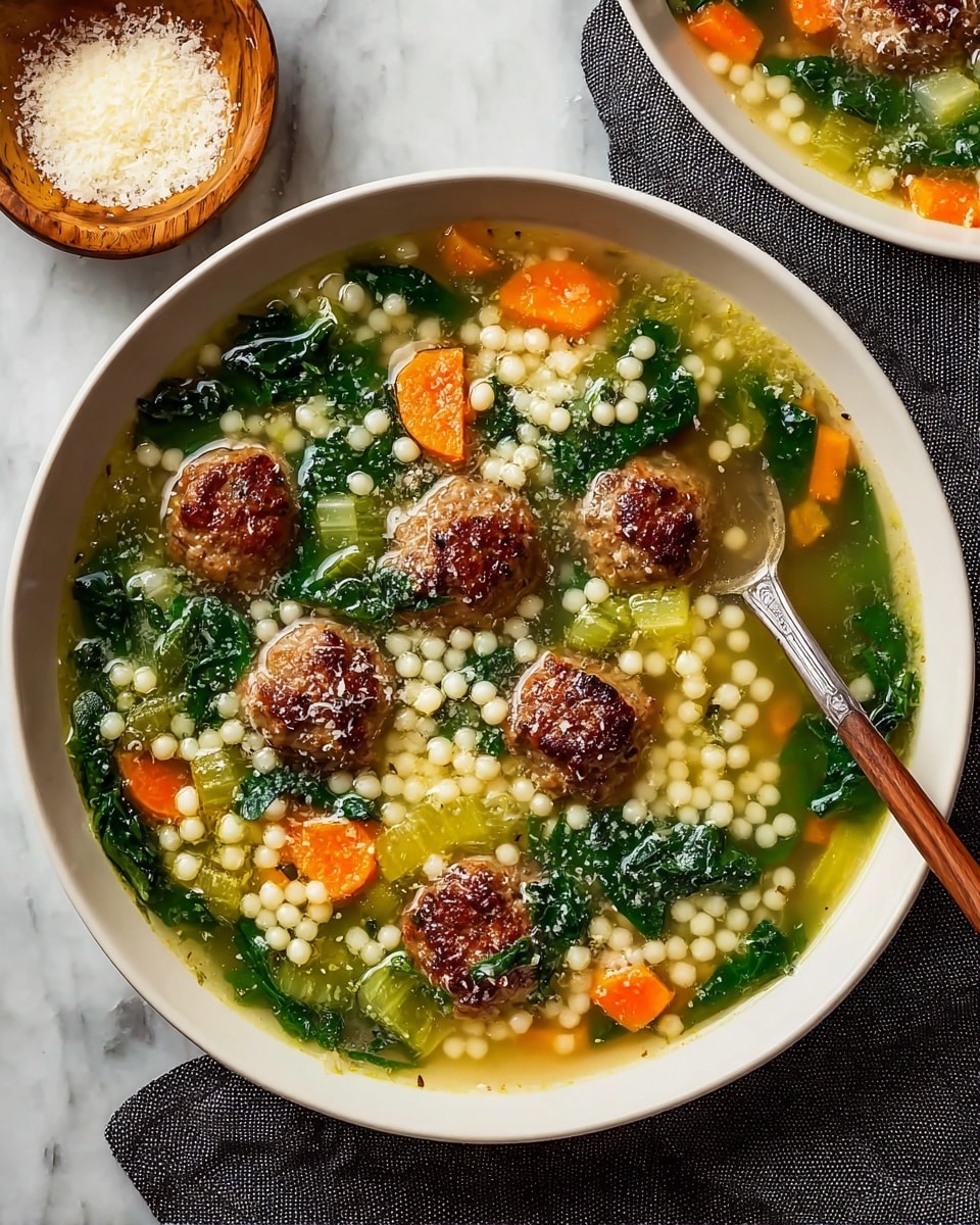 A white bowl filled with clear broth soup that has several browned meatballs floating on top. There are many small, round white pasta pearls scattered through the soup, along with bright orange carrot slices, dark green spinach leaves, and light green celery pieces. A silver spoon sits in the bowl on the right side, slightly submerged in the soup. The bowl rests on a white marbled surface with a dark gray cloth napkin nearby and a small wooden bowl filled with grated white cheese at the top edge of the image. photo taken with an iphone --ar 4:5 --v 7