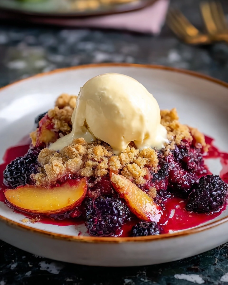 A dish featuring a base layer of warm, cooked blackberries and peach slices that are deep purple and soft yellow with red juice dripping around them. On top, there is a crumbly, golden brown streusel layer with a rough texture, partially covering the fruit. Sitting on the crumble is a creamy, smooth scoop of vanilla ice cream, melting slightly and dripping down the sides. The dessert is served on a white plate with a thin brown rim, placed on a table with a dark surface and blurred background. Photo taken with an iphone --ar 4:5 --v 7