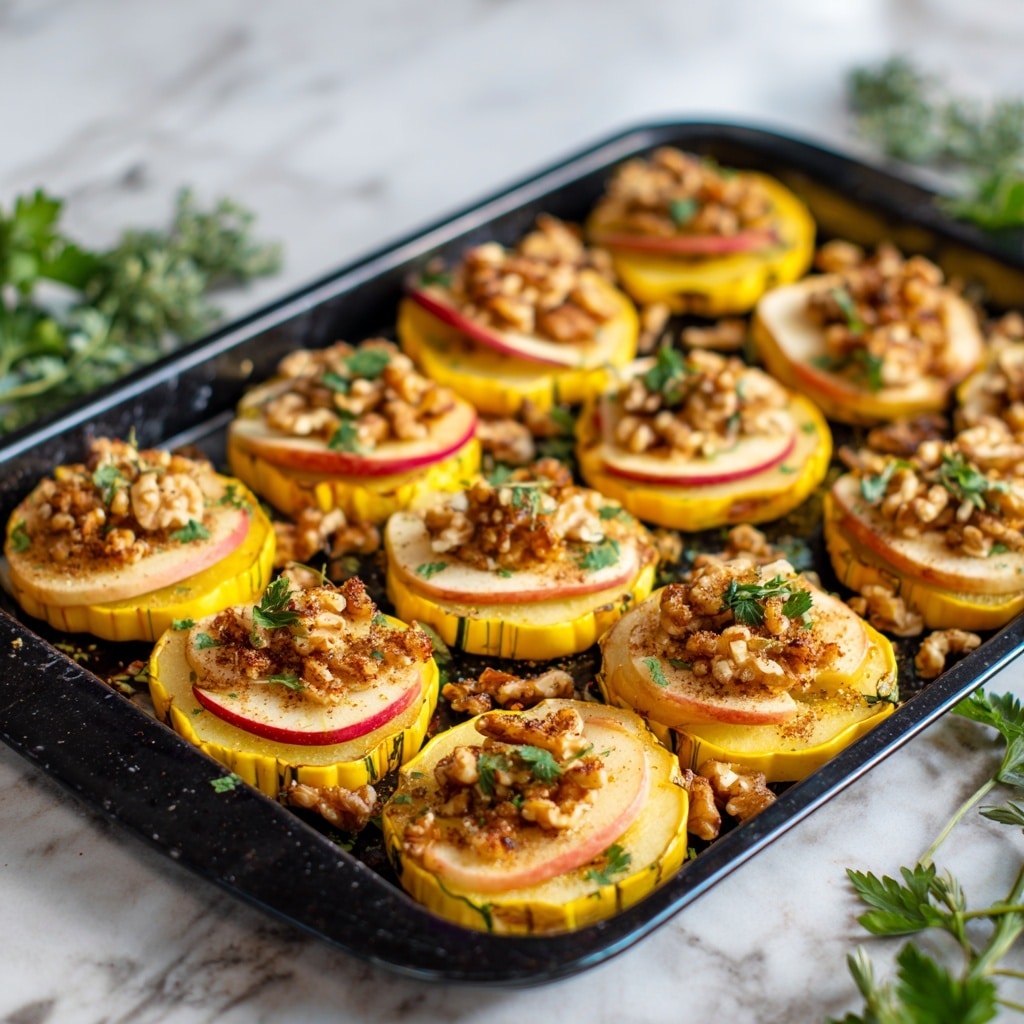 The image shows a black baking tray filled with baked delicata squash rounds as the base layer, each sliced thick and yellow with a slightly browned edge. On top of each squash round is a thin layer of apple slices with light red skin visible, arranged neatly. The apple slices are sprinkled with a crumbly brown cinnamon and nut topping including chunks of walnuts or pecans, adding a rough texture. Small green parsley leaves are scattered over the top, adding a fresh touch of color. The tray rests on a white marbled surface with some fresh herbs nearby, with soft natural lighting enhancing the warm tones of the squash and apples. photo taken with an iphone --ar 4:5 --v 7