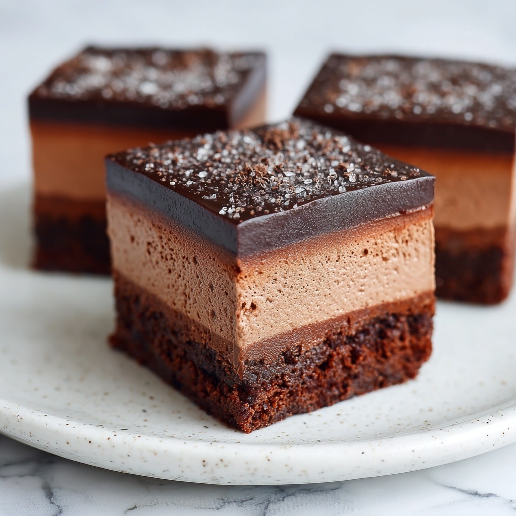 The image shows a square chocolate mousse brownie on a white plate with a brown rim, placed on a white marbled surface. The dessert has three distinct layers: the bottom layer is a dark, rich brownie with a slightly crumbly texture, the middle layer is a thick, light brown chocolate mousse that looks smooth and fluffy, and the top layer is a glossy, dark chocolate ganache with a shiny surface and gentle swirl marks. In the background, more pieces of the same dessert are visible, cut into squares. Photo taken with an iphone --ar 4:5 --v 7
