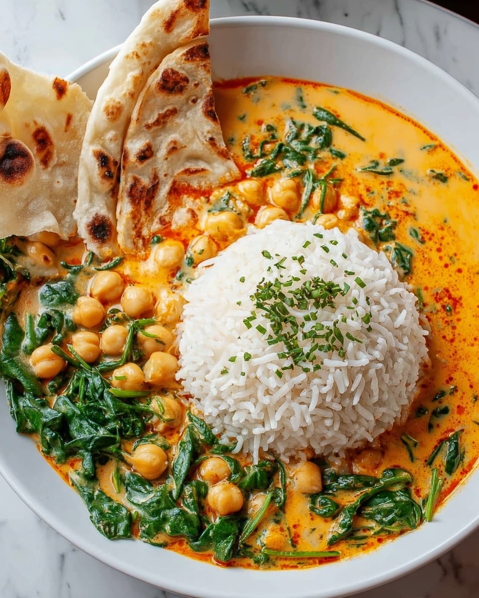 A white bowl contains three main parts: a mound of fluffy white rice topped with small chopped green herbs at the center-right, a creamy orange curry with chickpeas and dark green spinach leaves spread around the bottom and left side of the bowl, and a piece of slightly charred flatbread resting on the top left edge, partly dipping into the curry. The soup looks thick and smooth, with visible textures of chickpeas and leafy greens creating contrast against the bright orange sauce. The whole dish is set on a white marbled surface. photo taken with an iphone --ar 4:5 --v 7