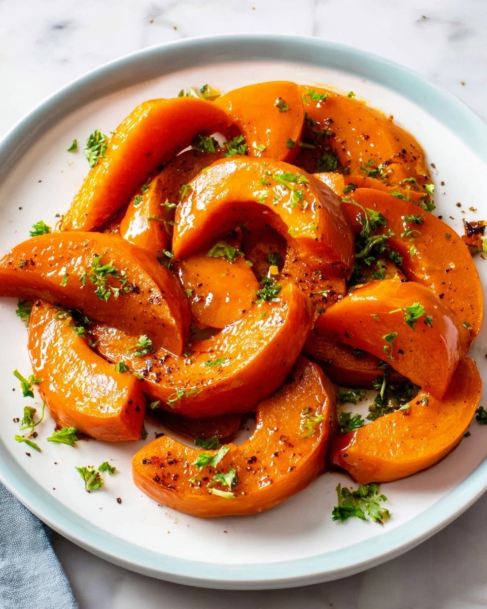 A white plate holds a serving of roasted orange pumpkin slices arranged in a loose, slightly overlapping circle. The pumpkin pieces vary in size and shape, some are half-moon slices and others are curved wedges, all glazed with a shiny, slightly oily coating that gives a rich, roasted texture. The orange color of the pumpkin is deep and warm, with a few small black pepper specs and flecks of fresh green herbs sprinkled sparsely across the top. The plate sits on a white marbled surface which adds a clean, light background contrast to the vibrant dish. photo taken with an iphone --ar 4:5 --v 7