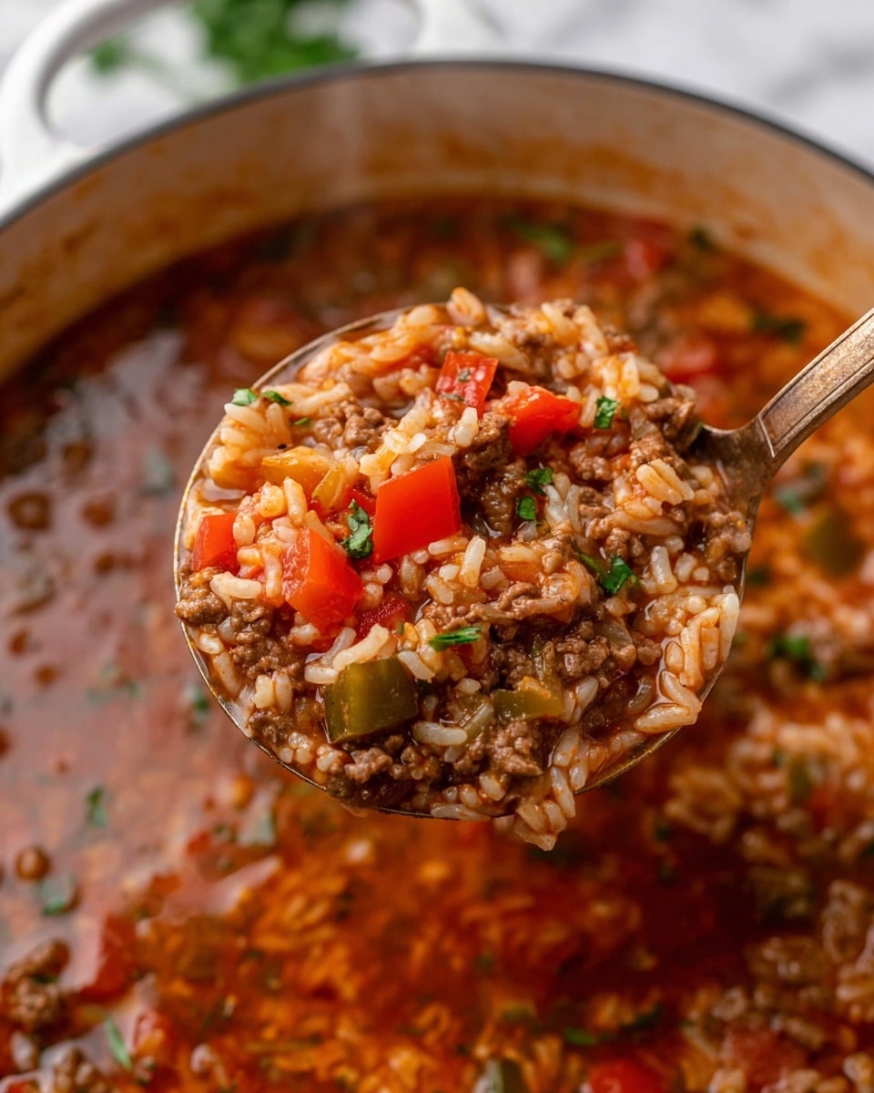 A close-up view of a ladle full of cooked rice mixed with ground beef, diced red bell peppers, chopped tomatoes, and small green herbs, all soaked in a rich reddish-brown broth. The rice grains are soft and slightly glossy, blending well with the tender meat and vegetables. The background shows more of the same mixture in a white pot with a warm, steaming effect. The colors range from the red of tomatoes and peppers, brown of the meat, white of the rice, to green herbs sprinkled throughout. The scene is set on a white marbled surface, giving a fresh and clean look. Photo taken with an iphone --ar 4:5 --v 7