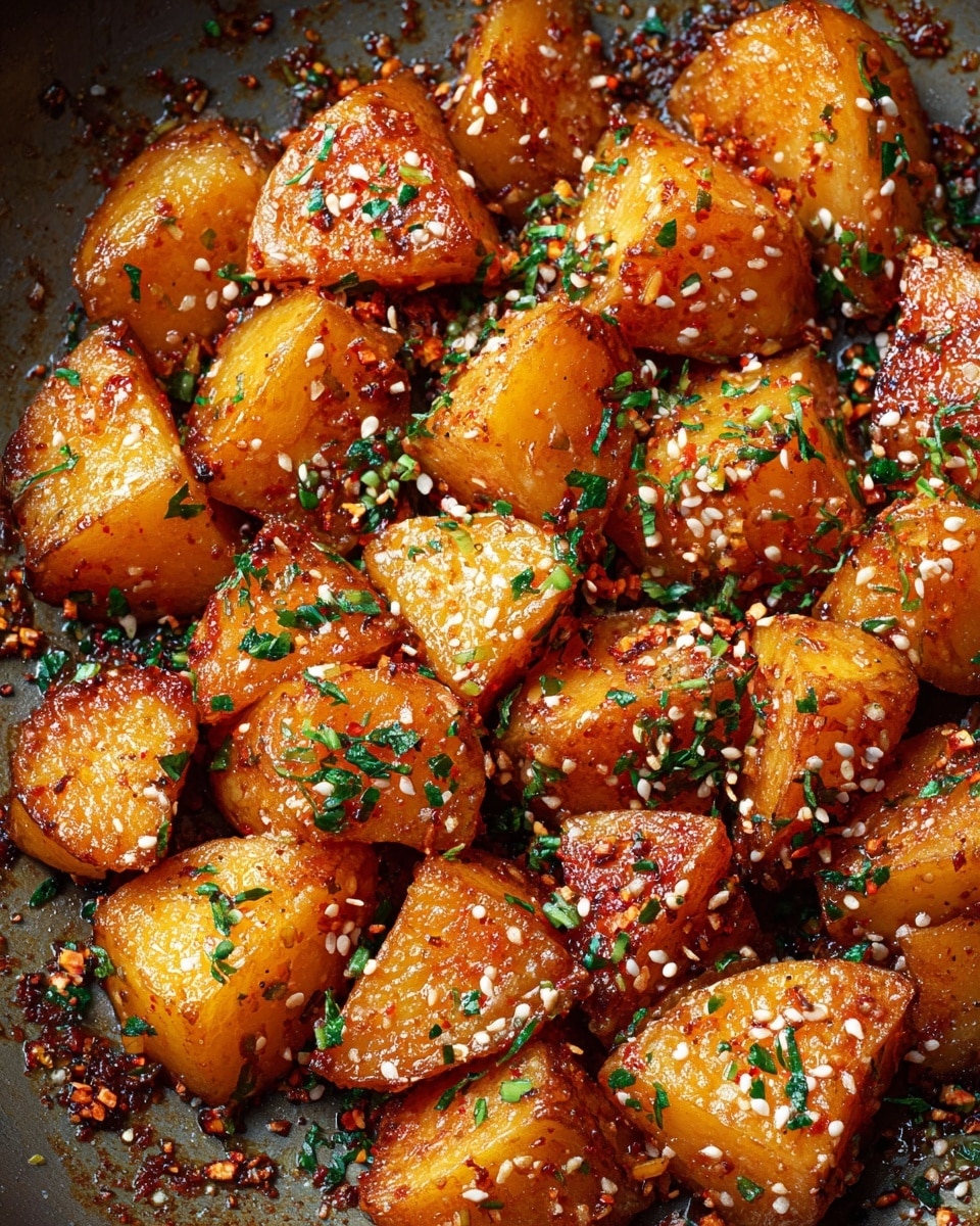 The image shows a white pan filled with golden-brown roasted potato pieces. Each potato chunk is crispy on the outside with a slightly rough texture, sprinkled with green herbs and white sesame seeds, adding a fresh and crunchy detail. The potatoes are coated in a shiny glaze that gives them a savory look, and the pan sits on a white marbled surface. The overall colors are warm yellows and browns with green specks, showing the delicious roasted seasoning. photo taken with an iphone --ar 4:5 --v 7