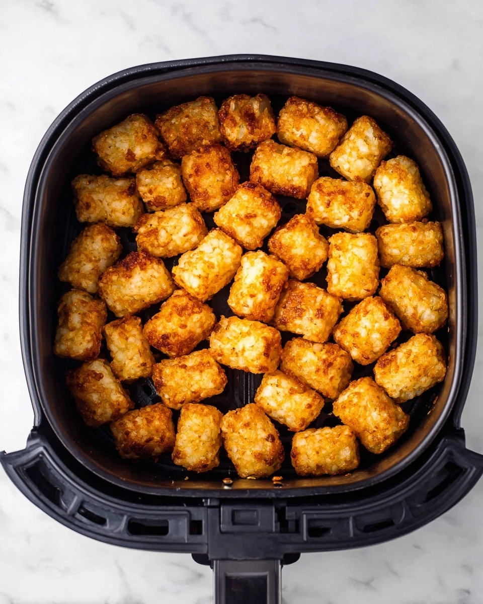 A black air fryer basket filled with a single layer of golden brown tater tots, each piece showing a crispy, textured surface with some darker brown spots where they are more cooked. The tater tots are roughly shaped like small cylinders and are arranged closely together to fill the basket evenly. The basket is set on a white marbled surface, with the air fryer handle visible at the bottom left. photo taken with an iphone --ar 4:5 --v 7