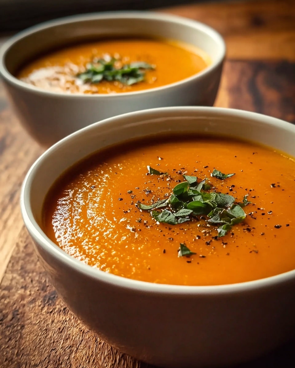 Two white bowls filled with smooth, thick orange soup, each topped with small green herb leaves and specks of black pepper. The bowls sit on a wooden surface, showing a cozy and warm setting. The soup surface catches soft light, highlighting its creamy texture. Photo taken with an iphone --ar 4:5 --v 7