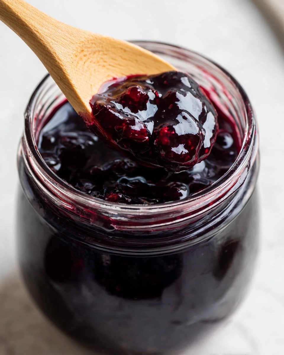 A close-up image of a glass jar filled with thick, dark purple jam with visible chunks of fruit, showing a glossy and slightly sticky texture. A light wooden spoon is dipped into the jar, lifting some jam with the dense, rich consistency clearly visible. The jar sits on a white marbled surface with soft natural lighting highlighting the deep color of the jam. The overall look is fresh and homemade. photo taken with an iphone --ar 4:5 --v 7