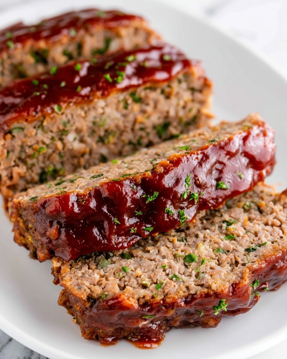 Three thick slices of meatloaf are arranged close together on a white plate. Each slice shows a dense, moist texture with bits of green herbs inside, giving it a slightly speckled appearance. The top of each slice is coated with a shiny, thick reddish-brown sauce that slightly drips down the sides. The meatloaf has a rich, brown color with a hint of caramelization around the edges, contrasting with the smooth glossy sauce on top. The background is a white marbled texture. photo taken with an iphone --ar 4:5 --v 7