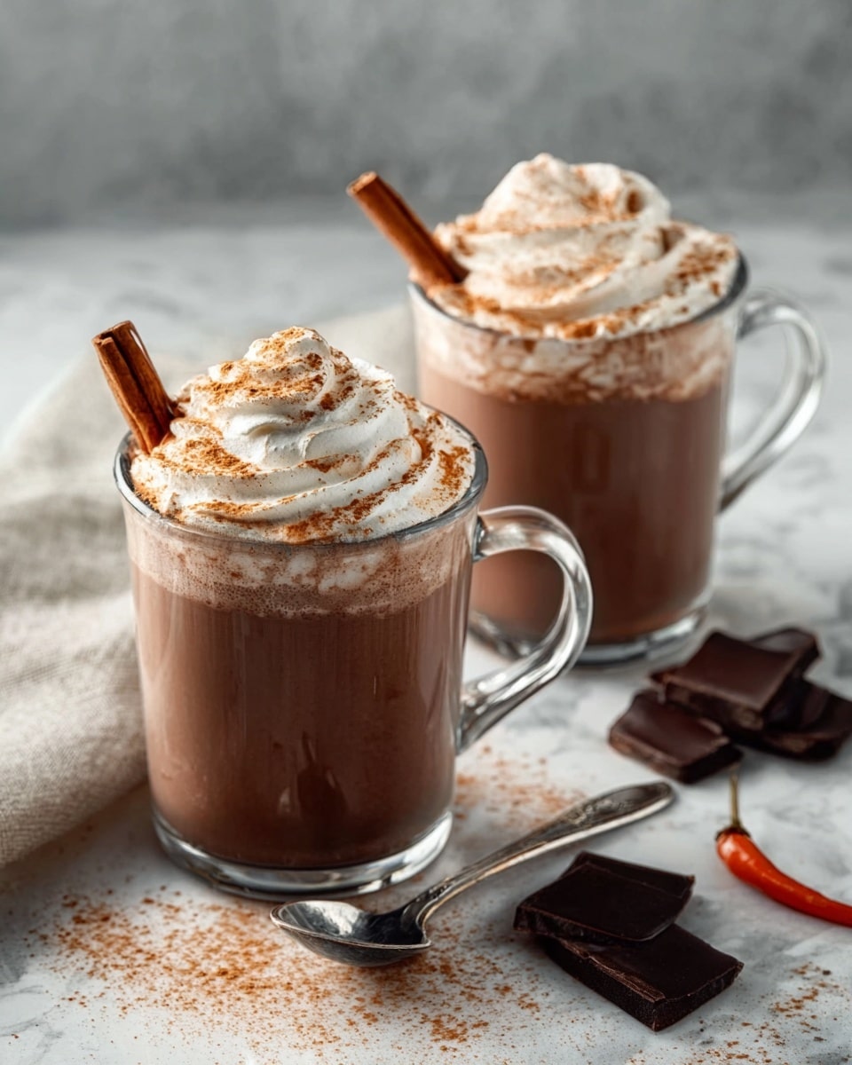 Two clear glass mugs filled with hot chocolate sit side by side on a white marbled surface. Each mug is layered with rich, dark brown chocolate drink at the bottom, topped with a thick swirl of white whipped cream sprinkled with light brown cinnamon powder. A cinnamon stick is placed in each mug, resting against the whipped cream. Nearby, pieces of dark chocolate, a silver spoon, and a red chili pepper lie scattered on the surface, adding extra detail to the scene. In the background, soft, diffused light highlights the creamy texture and warm colors of the drinks. Photo taken with an iphone --ar 4:5 --v 7