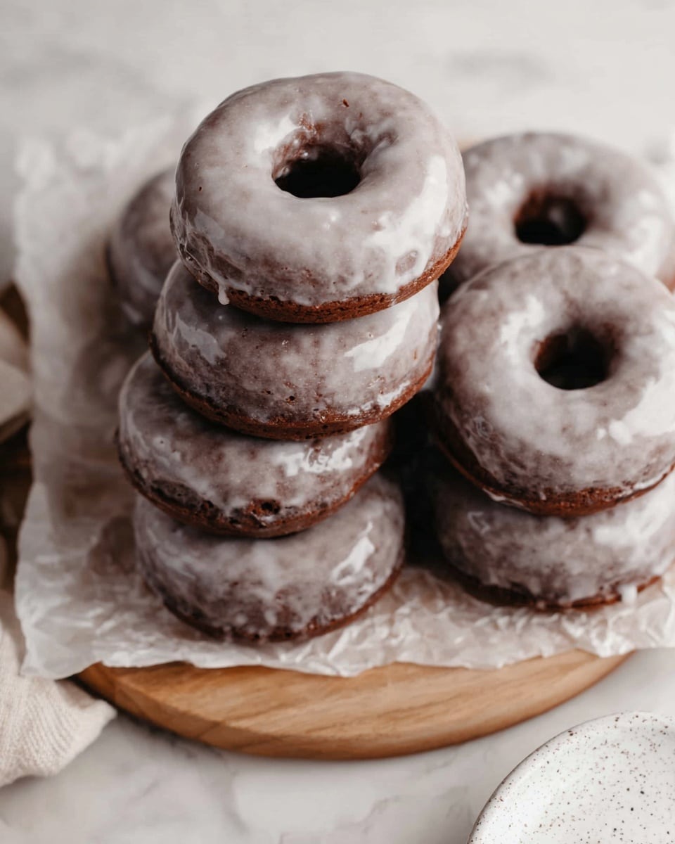 A stack of seven glazed chocolate donuts arranged closely together on a white marbled surface with crumpled white parchment paper underneath; each donut has a smooth, shiny, light greyish-white glaze covering its dark brown, cake-like texture, with small uneven patches and a hole in the center. They are placed on a light wooden serving board, and part of a white speckled round plate is visible in the bottom right corner. photo taken with an iphone --ar 4:5 --v 7