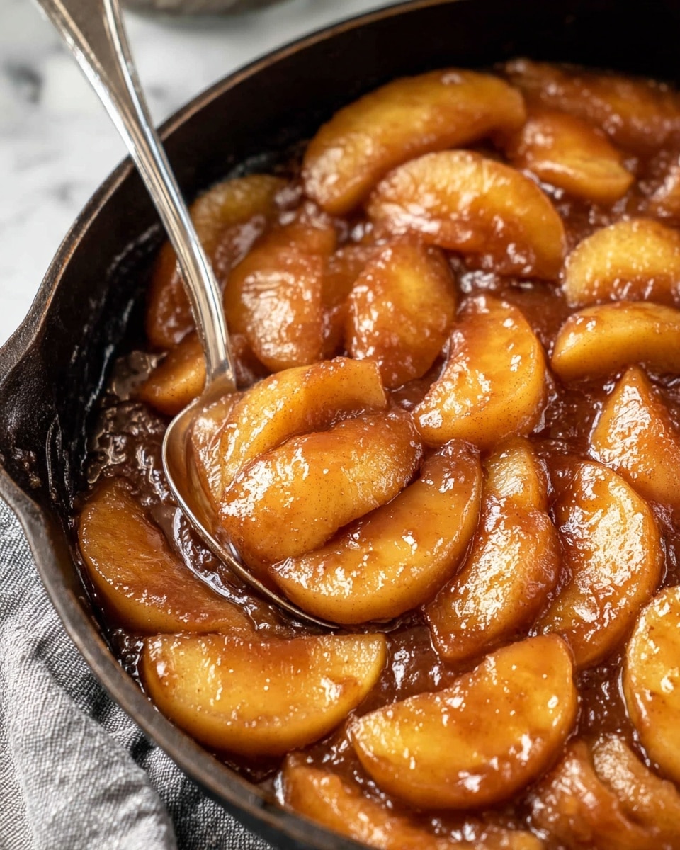 A close-up view of a black cast iron pan filled with soft, cooked apple slices coated in a thick, shiny caramel sauce with a rich brown color. The apple slices are layered closely together, glistening with the sauce that has a smooth texture with some small bubbles visible. A silver spoon is partially inserted into the apples on the left side of the pan, showing the thickness of the syrup and the tender texture of the fruit. The scene is set against a white marbled texture surface with a piece of gray and white cloth underneath. Photo taken with an iphone --ar 4:5 --v 7