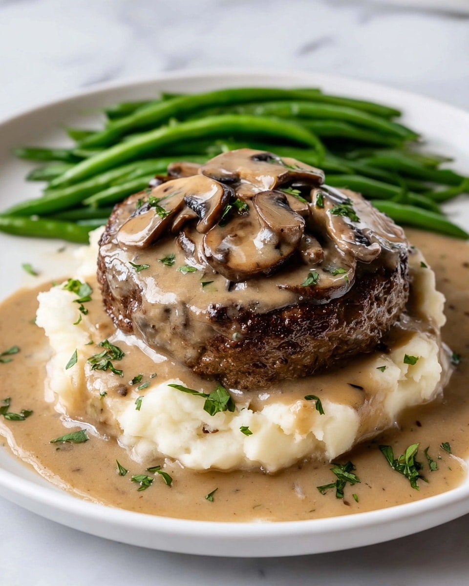 A white plate holds a meal with three parts: two round browned meat patties at the front, each covered with a thick light brown mushroom sauce that has visible mushroom slices on top; mashed potatoes on the right side, creamy and white with a smooth texture, garnished with small green herbs; and a bunch of bright green cooked green beans placed neatly behind the patties and mashed potatoes. The dish is placed on a white marbled surface. photo taken with an iphone --ar 4:5 --v 7