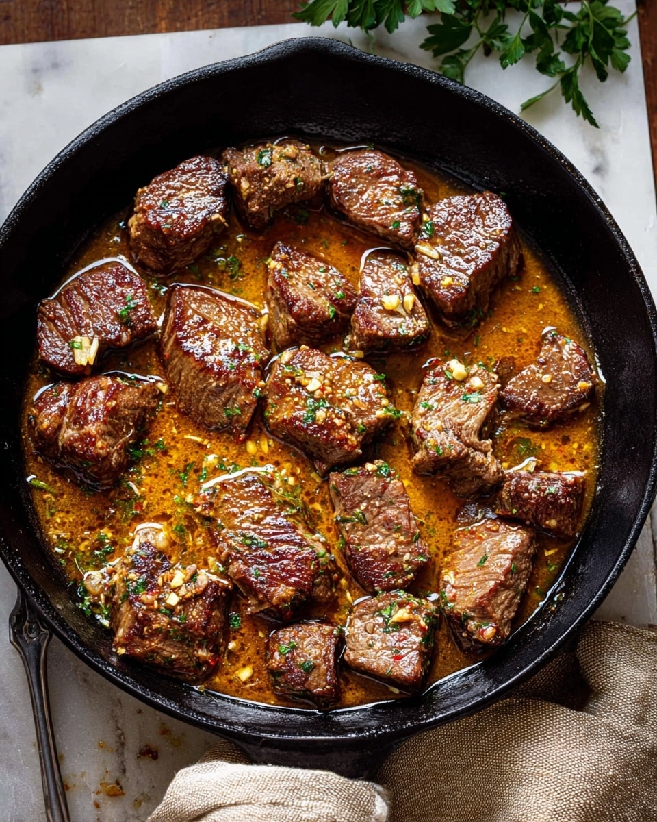 The image shows several thick cubes of browned meat cooked in a pan with a rich, oily sauce that has visible bits of garlic and herbs on it. Each meat piece has a shiny, slightly crispy exterior with a deep brown color mixed with flecks of yellow garlic and green herbs. A metal fork is piercing one meat cube in the center, lifting it slightly, and the pan beneath holds the warm sauce with an orange-golden hue. The background has a white marbled texture. Photo taken with an iphone --ar 4:5 --v 7