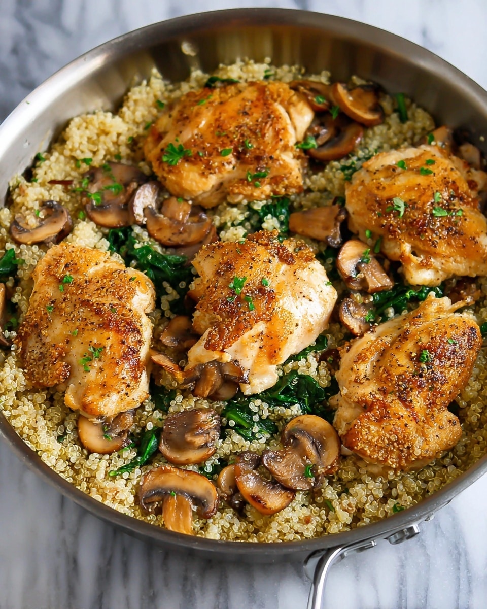 The image shows a pan filled with cooked quinoa as the base layer, light beige with a fluffy texture. On top of the quinoa, there are several pieces of golden-brown, seasoned chicken breasts with a slightly crispy surface, arranged evenly inside the pan. Scattered among the chicken and quinoa are sliced mushrooms, light brown with a soft texture, and wilted green spinach leaves, adding a fresh green color. The dish is garnished with small sprinkles of chopped fresh herbs, giving a touch of bright green contrast. The pan is placed on a white marbled surface, and the metal handle of the pan is visible. photo taken with an iphone --ar 4:5 --v 7