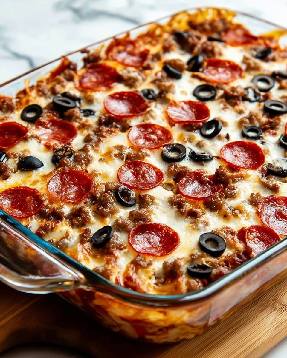 A baked dish in a clear glass rectangular casserole with a close-up view, showing a top layer of melted golden-brown cheese mixed with round red pepperoni slices, black olive rings, and crumbled browned sausage pieces. The cheese has a slightly bubbly texture with some browned spots, covering the toppings evenly. Underneath, the edges show a hint of a red sauce and possibly pasta or dough beneath the toppings. The casserole rests on a wooden board with a white marbled texture in the background. photo taken with an iphone --ar 4:5 --v 7