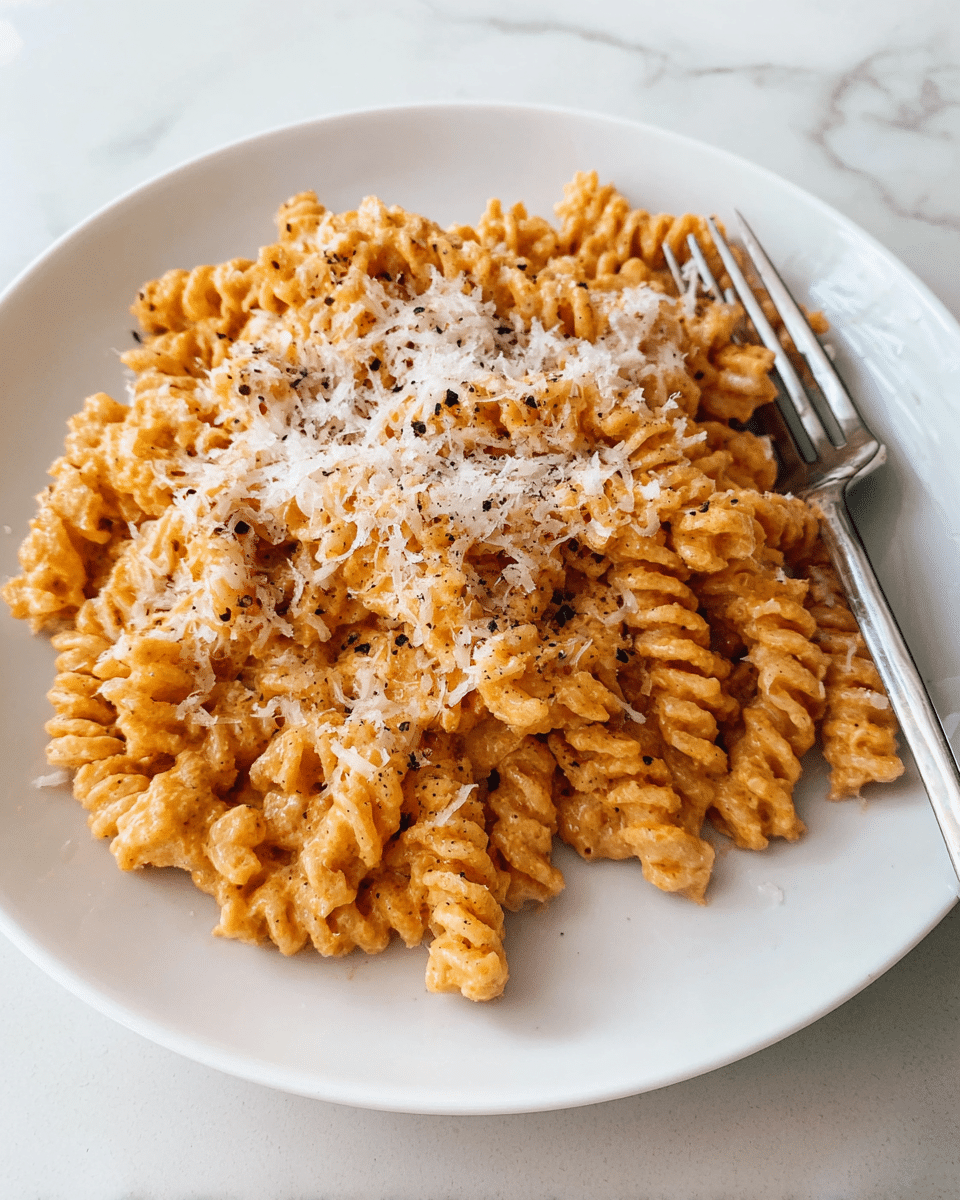 A white plate filled with about three layers of rotini pasta coated in a creamy, orange-colored sauce. The pasta is topped with a fine layer of white grated cheese scattered unevenly and small black pepper flakes spread across the dish. On the right edge of the plate, a silver fork rests partially under the pasta. The plate is set on a white marbled surface. photo taken with an iphone --ar 4:5 --v 7