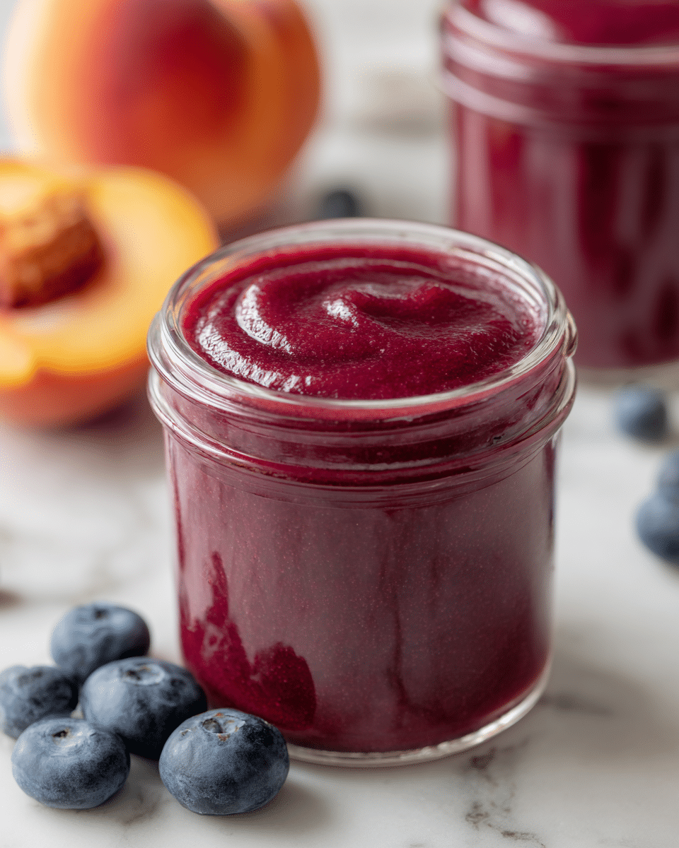 The image shows a clear glass jar filled with a smooth, thick, deep red-purple jam with a glossy surface. The jam inside has a slightly swirled texture and fills the jar close to the top. Next to the jar, on the white marbled surface, are a few fresh blueberries with a light blue color and a peach with a soft orange-yellow tone and a slight pink blush. In the background, another jar filled with the same jam is partly visible. The overall look is clean and fresh. Photo taken with an iphone --ar 4:5 --v 7