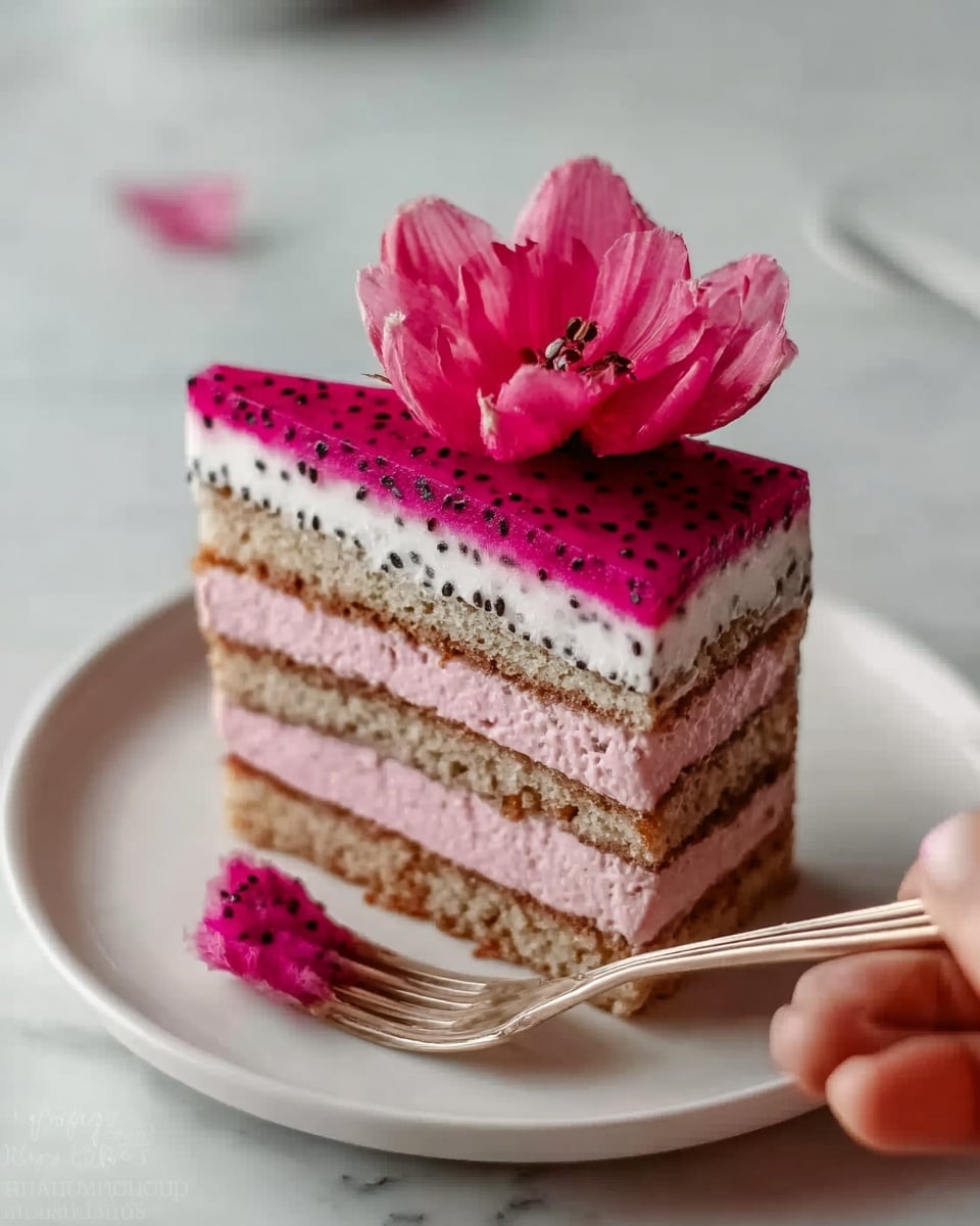A slice of layered cake is shown on a white plate with a white marbled surface underneath. The cake has five visible layers, starting with a light brown soft cake layer at the bottom, followed by a pale pink creamy layer, then a darker brown cake layer, another pale pink creamy layer, and topped with a final layer of pink dragon fruit flesh with tiny black seeds. On top, there is a bright pink flower decoration with delicate petals. A woman's hand holding a small fork is placed near the plate. The overall look is soft and colorful with clear contrast between each layer. photo taken with an iphone --ar 4:5 --v 7