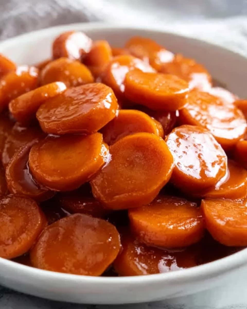 The image shows a white bowl filled with sliced carrots coated in a shiny, brown glaze. The carrot slices are thick and round, layered unevenly inside the bowl, creating a pile with some pieces resting on top of others. The glaze on the carrots gives them a glossy, smooth texture that reflects light. The background is a white marbled texture. photo taken with an iphone --ar 4:5 --v 7