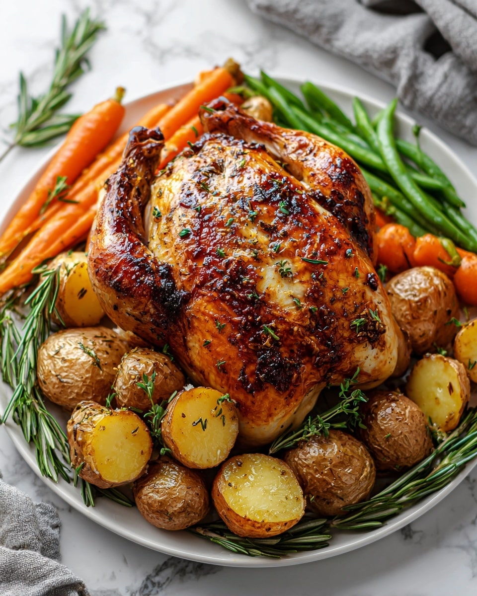 A whole roasted chicken sits in the center of a white plate, its skin a deep golden brown with a slightly charred texture, glistening with oil and sprinkled with herbs like rosemary. Surrounding the chicken are several browned roasted potatoes, both halved showing a soft yellow inside, and whole, all sprinkled with herbs. Alongside the potatoes, there are bright orange roasted carrots and vibrant green beans, adding a fresh and colorful contrast. Sprigs of fresh green rosemary garnish the chicken and plate, enhancing the visual appeal. The plate rests on a white marbled surface, with a gray cloth blurred softly in the background. Photo taken with an iphone --ar 4:5 --v 7