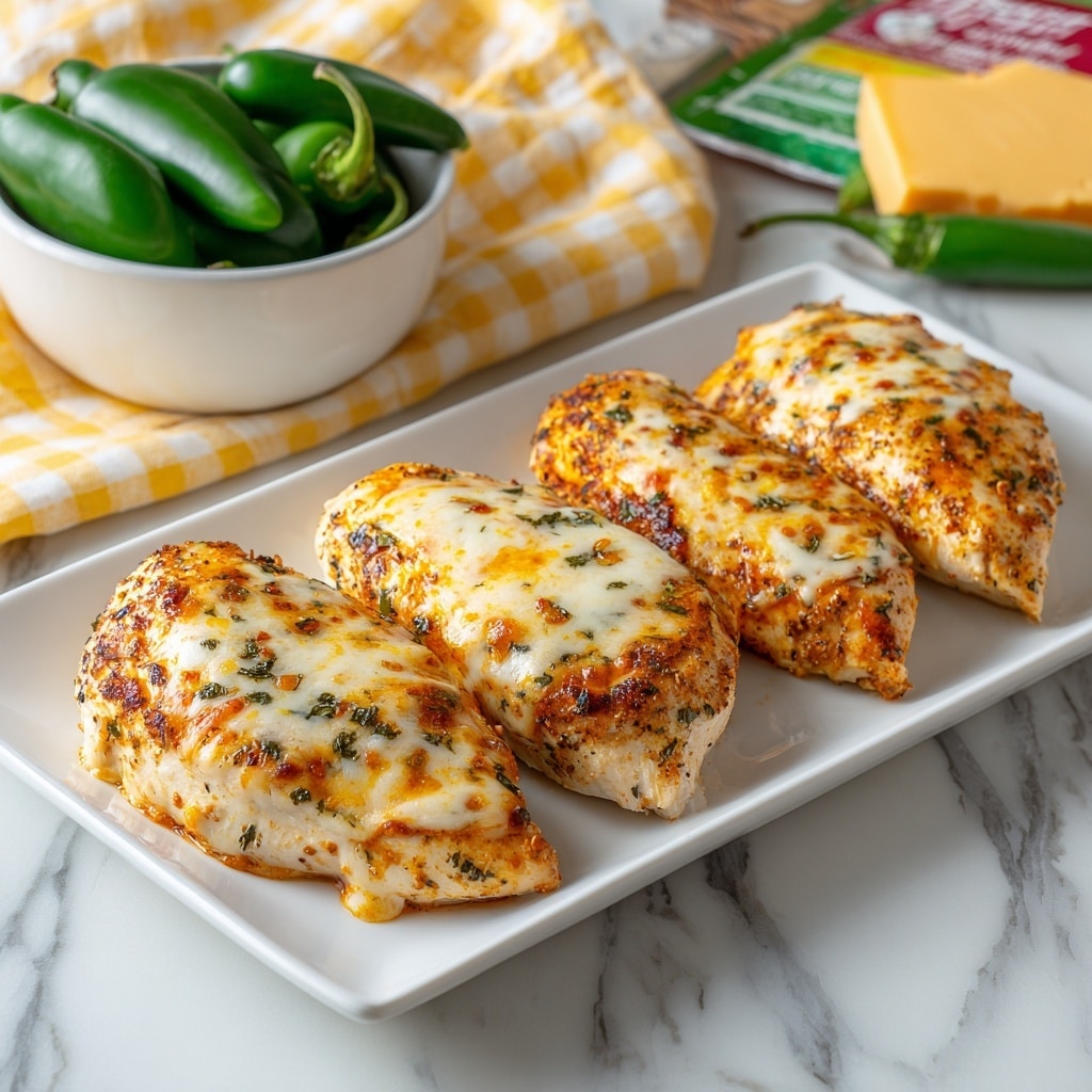 The image shows two pieces of cooked chicken breast on a white plate, each topped with crispy bacon and melted cheese. The chicken looks juicy and tender with a light golden-brown color, while the bacon beneath adds a reddish-brown crunchy texture. The cheese is creamy white with hints of light orange where it has melted and browned slightly. In the background, there are more pieces of the same dish on a white plate set on a white marbled surface, along with a green jalapeño pepper. Photo taken with an iphone --ar 4:5 --v 7