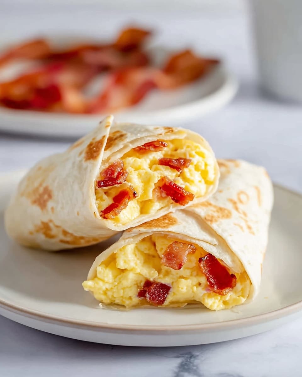 Two folded tortilla wraps sit on a white plate placed on a white marbled surface. Each wrap is cut in half, revealing three layers inside: a soft, light beige tortilla on the outside, a fluffy yellow scrambled egg layer in the middle, and small pieces of cooked, reddish brown bacon interspersed within the eggs. The tortilla has a slightly toasted, light brown spot on top. The background shows a blurred white plate with more bacon. photo taken with an iphone --ar 4:5 --v 7