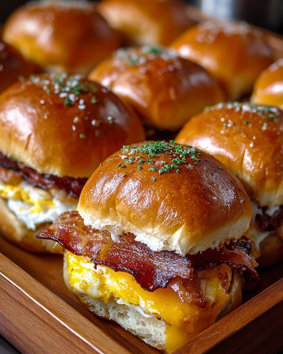 A close-up of a sandwich showing three main layers inside a soft, shiny bun topped with sesame seeds and chopped green herbs. The bottom layer is a glossy slice of melted bright orange cheese with some drips on the side, the middle layer is a cooked egg with a white cooked edge and firm golden yolk, and the top layer is crispy dark brown bacon with a slightly curled texture. The sandwich is placed on a white marbled textured baking tray with more sandwiches blurred in the background. photo taken with an iphone --ar 4:5 --v 7