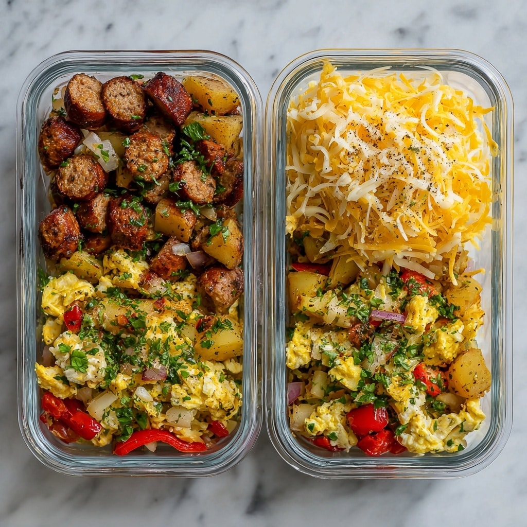 The image shows two clear glass meal prep containers placed on a white marbled surface. Each container is divided into two sections. The top container’s left section is filled with a mix of browned sausage pieces, caramelized diced potatoes, and onions, garnished with green herbs. The right section contains a mound of shredded cheddar and mozzarella cheese sprinkled with green herbs and black pepper. The bottom container has both sections filled with a scrambled egg mix combined with browned sausage, diced potatoes, red bell peppers, and sprinkled with herbs and shredded cheese. The food looks cooked well with varied textures from soft scrambled eggs to crispy potatoes, and vibrant colors of yellow, brown, red, and green photo taken with an iphone --ar 4:5 --v 7