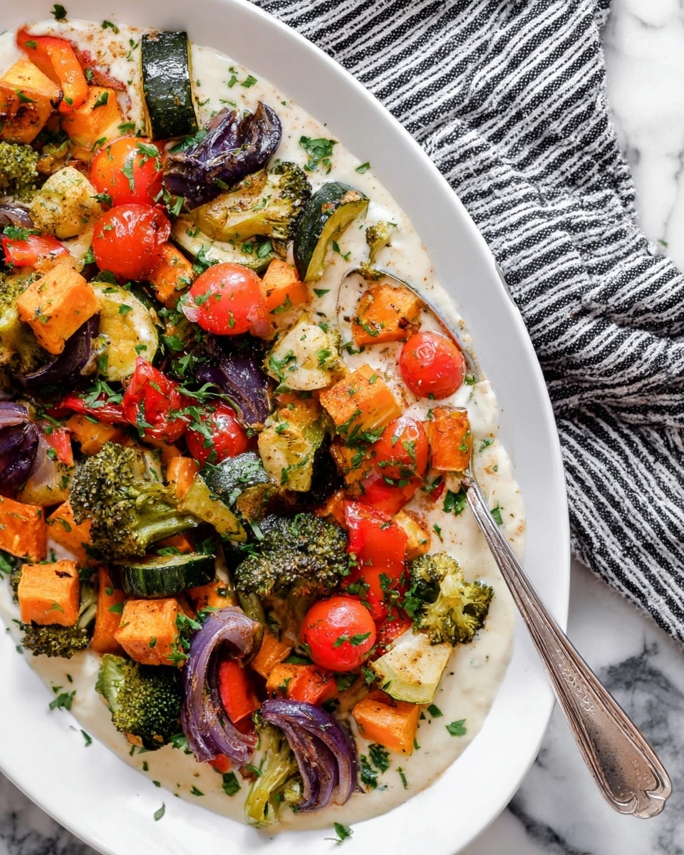 The image shows a white plate filled with roasted mixed vegetables layered on a creamy white sauce base. The vegetables include bright green zucchini chunks, orange sweet potato cubes, red bell pepper pieces, deep purple-red onion slices, green broccoli florets, and small, round red cherry tomatoes. The vegetables are seasoned with finely chopped green herbs sprinkled all over. A silver spoon rests on the edge of the plate, partly on the sauce and vegetables. The plate is placed on a white marbled surface with a black and white striped cloth napkin nearby. Photo taken with an iphone --ar 4:5 --v 7