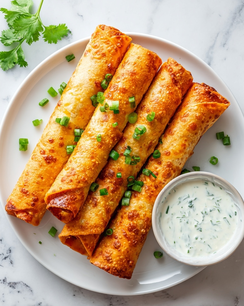 A white plate on a white marbled surface holds six golden-brown fried taquitos arranged in two overlapping rows; the crispy texture is visible with small bubbles and browned spots on the shells. Bright green chopped scallions are sprinkled over the taquitos, adding a fresh pop of color. To the right of the taquitos is a small white bowl filled with creamy white sauce speckled with herbs. Additional scattered scallion pieces and a small cilantro leaf peek in from the edges of the image. photo taken with an iphone --ar 4:5 --v 7